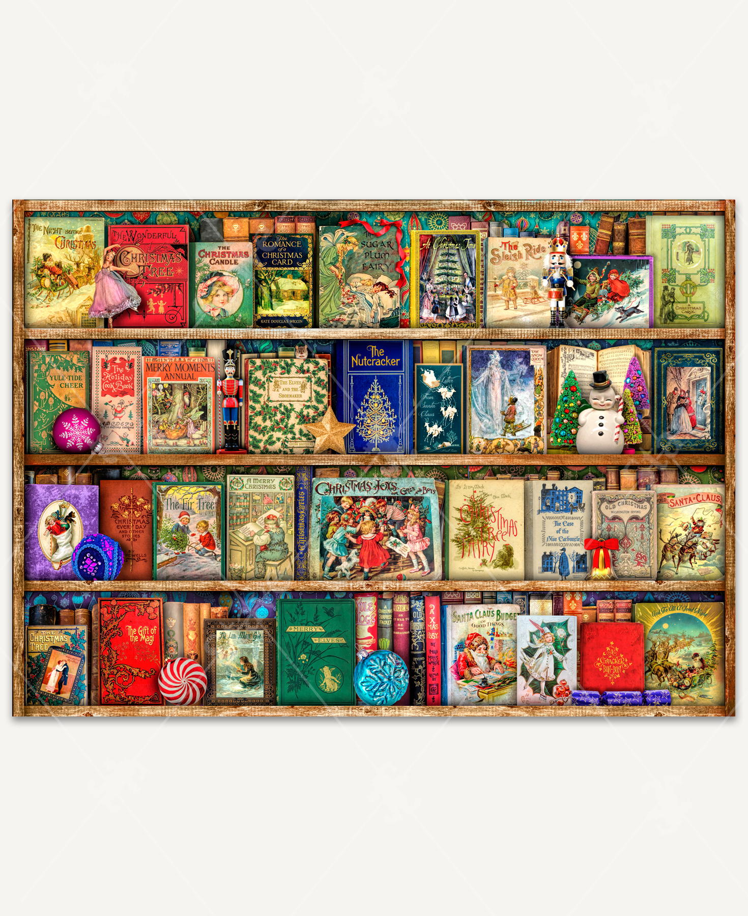 A whimsical wooden jigsaw puzzle featuring a festive bookstore shelf filled with classic Christmas tales, decorated with ornaments and nutcrackers.