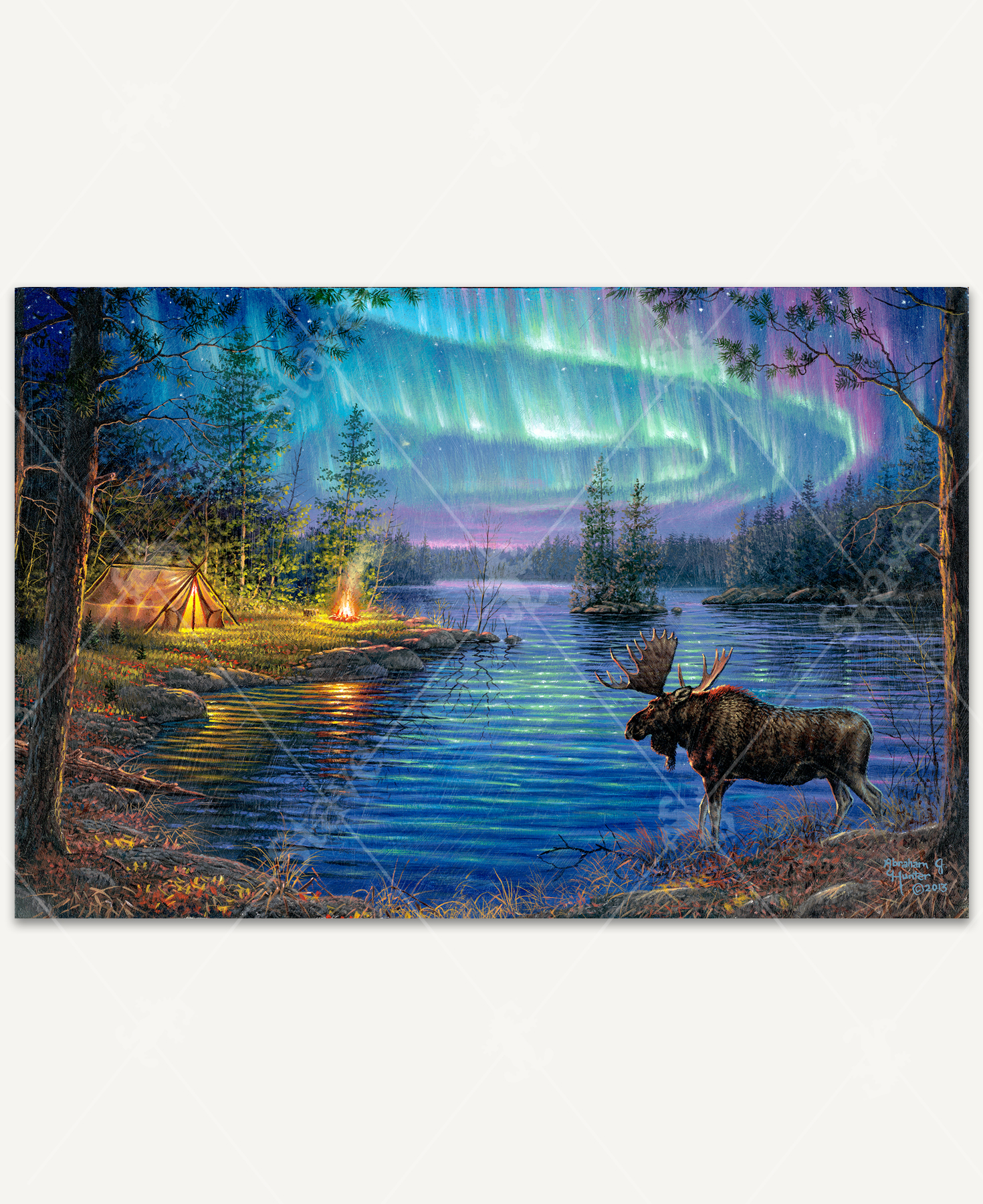 Glow In The Dark puzzle captures the natural beauty of the North American wilderness. Colors of the northern lights fill the night sky that reflect off the river, as a curious moose inspects a campsite that is nearby.