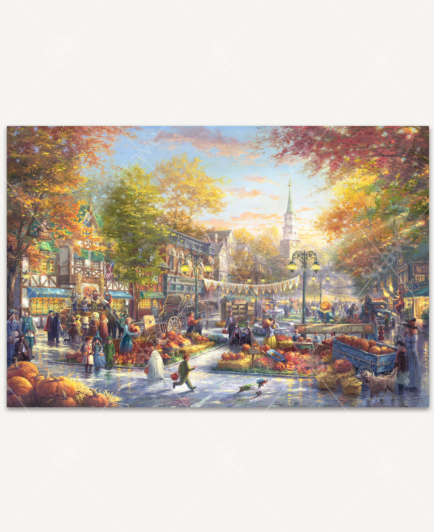 Pumpkin Festival wooden jigsaw puzzle captures a town square decorated with hay bails, pumpkins, and pennant streamers. People gather in their Halloween costumes to look at the jack-o-lanterns, participate in pumpkin carving, listen to music, watch a man juggle fire on a unicycle, and so much more!