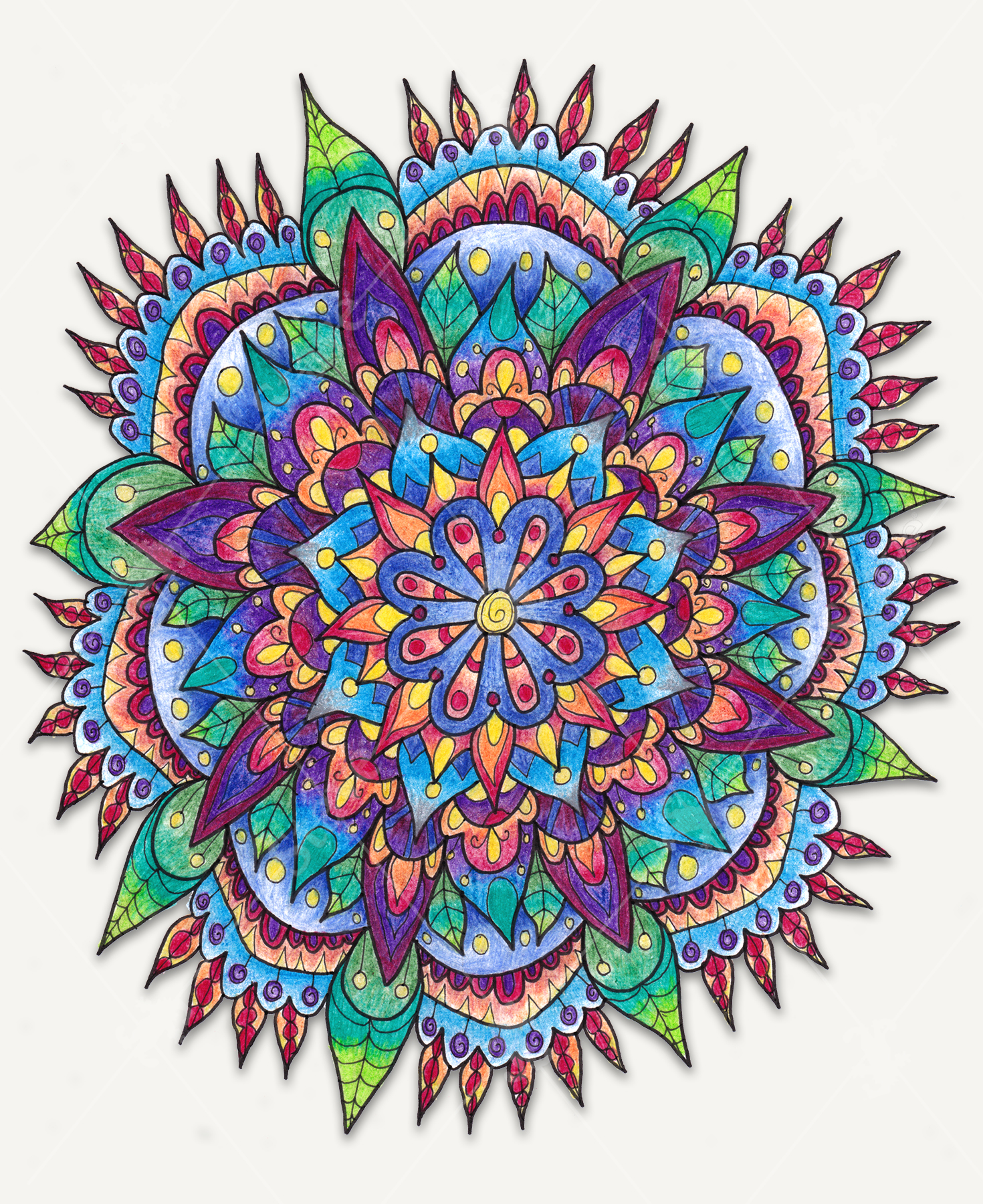 Dahlia is a bright and colorful mandala wooden jigsaw puzzle, with repeating petals and leaves patterns that come together to display a flower.