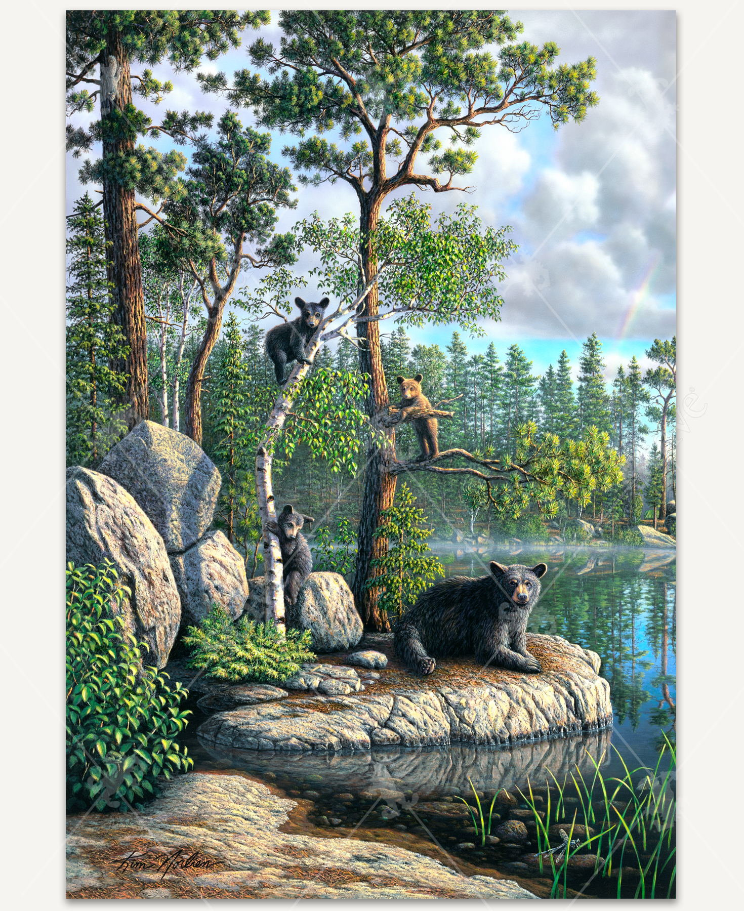 Stand By Me wooden jigsaw puzzle reveals a mother black bear sitting on a rocky bank on the lake as her three cubs climb trees behind her.