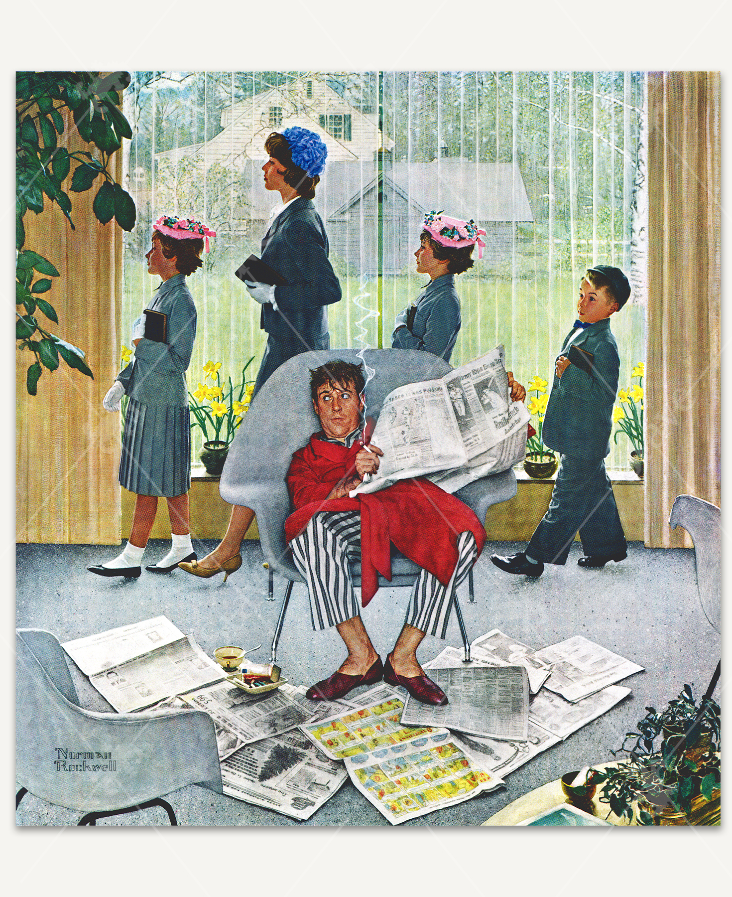 Sunday Morning wooden jigsaw puzzle shows a man hidden in his chair, reading a newspaper and smoking a cigarette, while his wife and children pass by on their way to church.