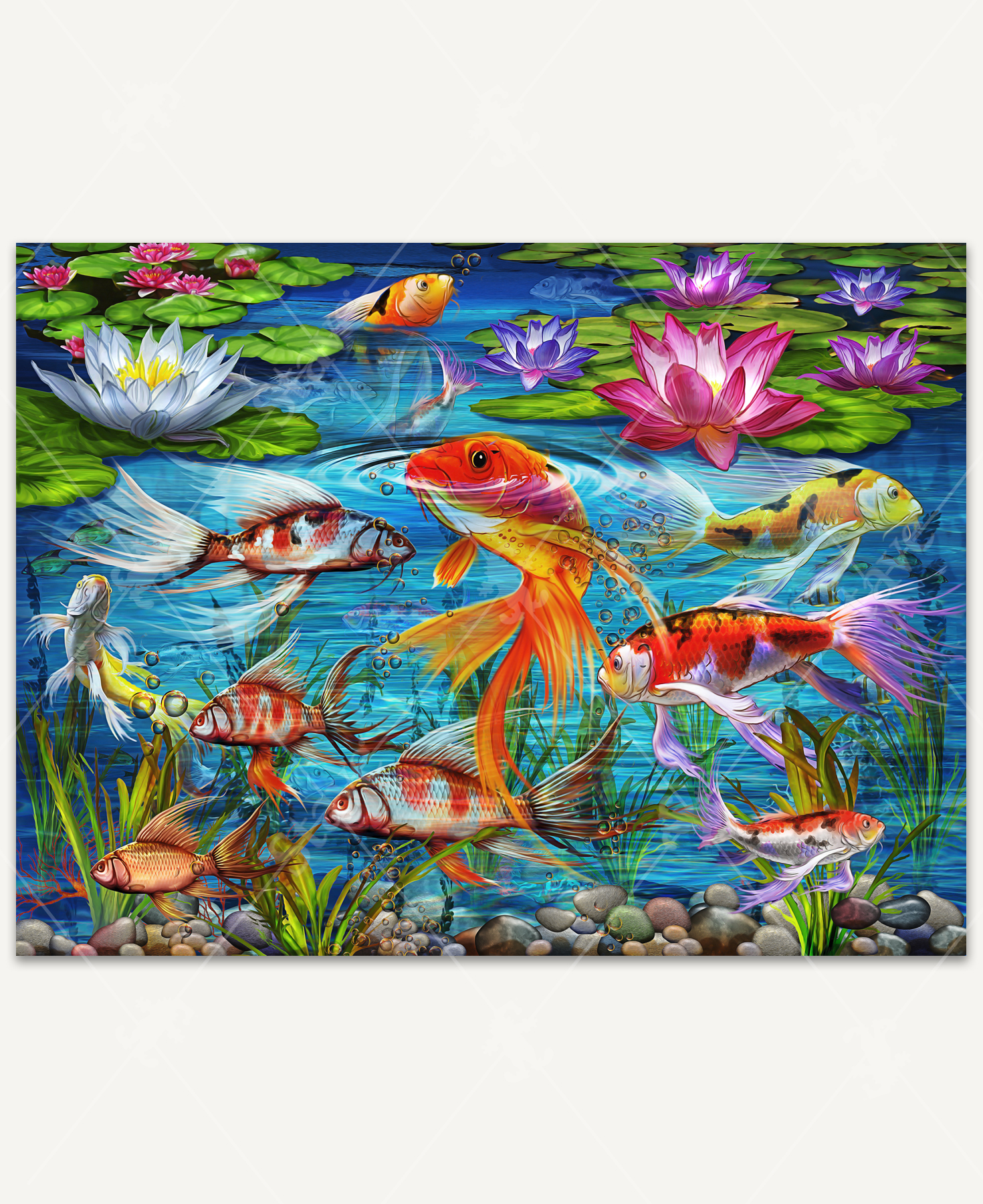 Koi Fish wooden jigsaw puzzle showing an underwater scene of koi fish swimming in crystal blue water. Lily pads with white, pink, and purple flowers float above the water, as one fish pokes its head up out of the water. Rocks and aquatic plants line the bottom of the image.