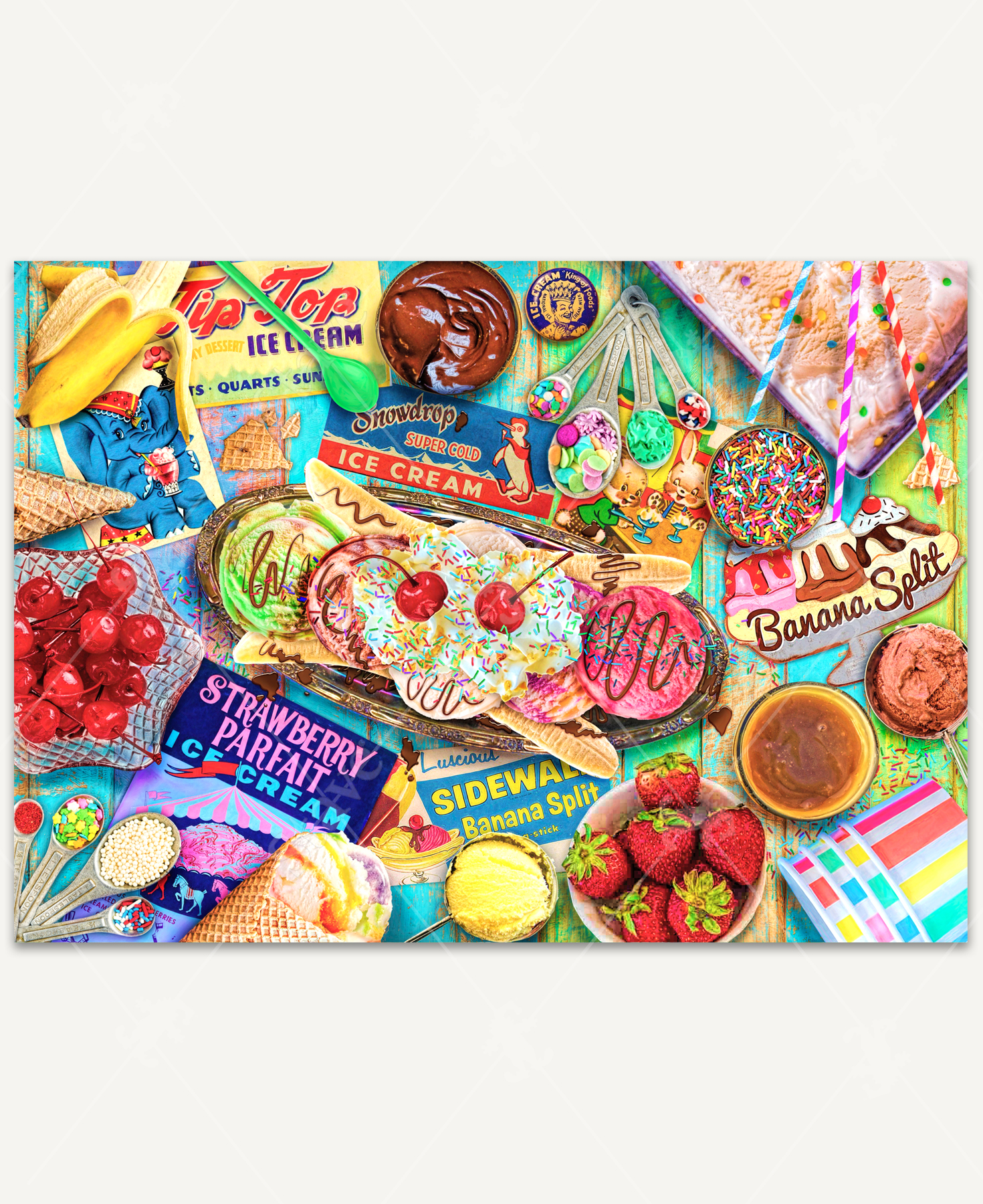 Banana Split wooden jigsaw puzzle illustrates a vibrant display of ice cream and various toppings on a table with vintage ice cream signs and posters. From a birds-eye view, a banana split served in a gold dish sits in the center of the table surrounded by strawberries, a banana, cherries, sprinkles, caramel, chocolate, and sugar cones.