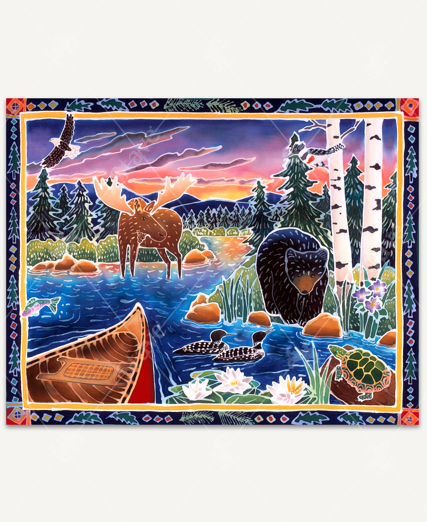 Sunrise At Bear Lake wooden jigsaw puzzles illustrates a canoe floating through the water as the sun rises view over the mountains. A moose cools off in the water as a black bear hangs out along the shore. Two ducks swim past the canoe while a turtle lays on a nearby log. Up in the birch tree, a woodpecker watches a fish jump out of the water, and an eagle takes in the view as it flies overhead.