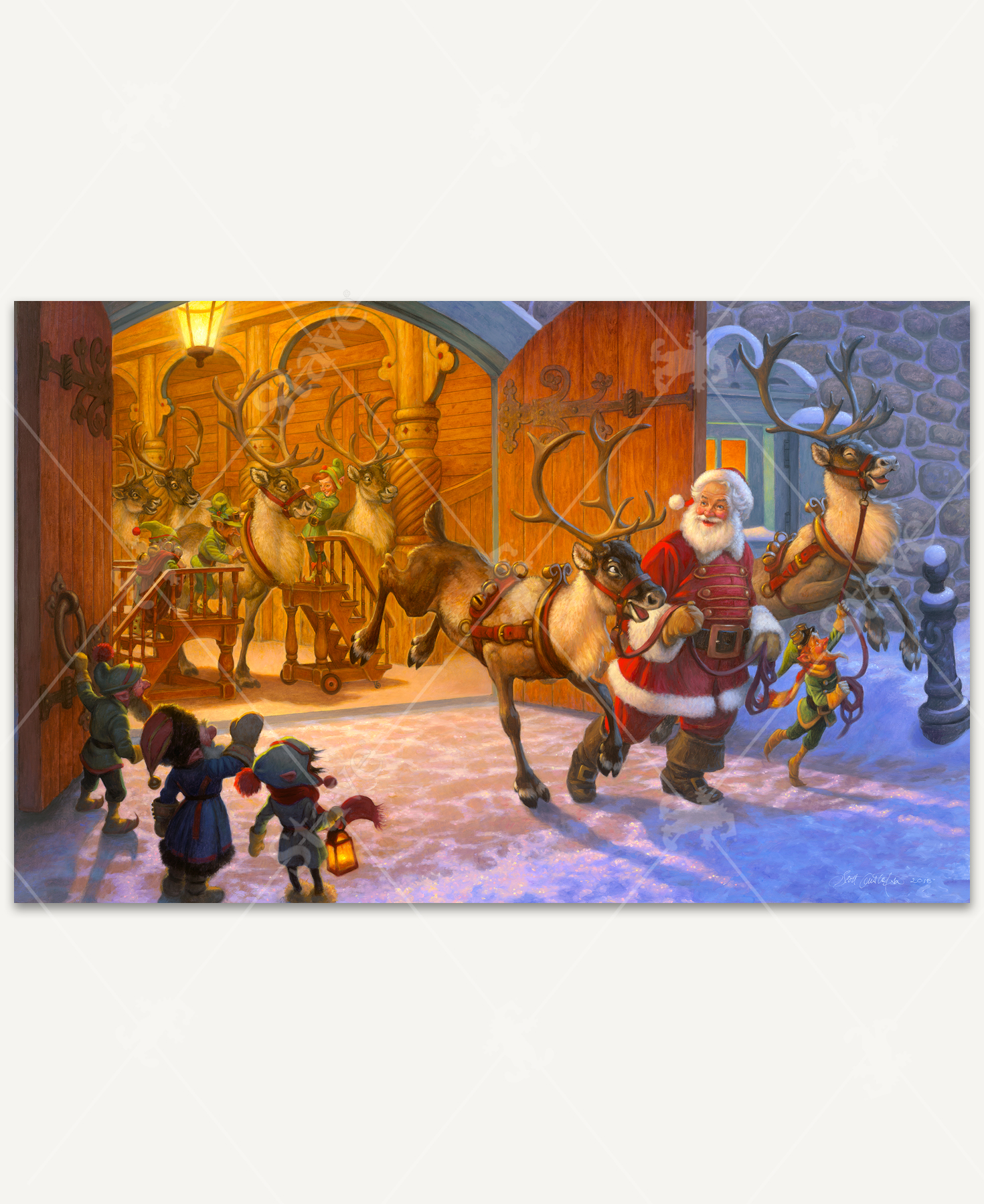Handcrafted wooden jigsaw puzzle depicting Santa Claus and his elves preparing reindeer for their Christmas Eve journey. The reindeer leap with excitement, eager to take flight, while the elves busily work in a bustling stable. The scene is filled with holiday energy and anticipation, capturing the festive spirit of the season.