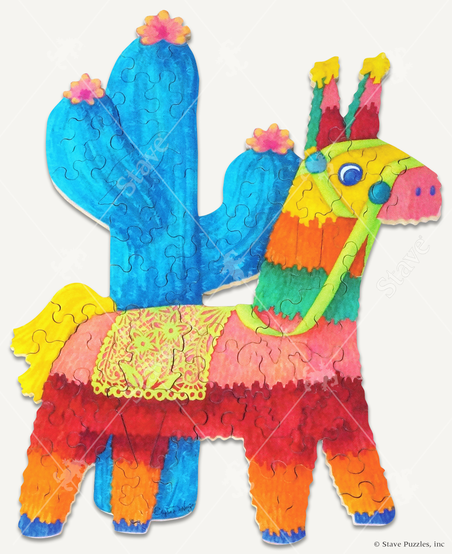 Fiesta Time wooden jigsaw puzzle displays a brightly colored pinata donkey standing next to a cactus.