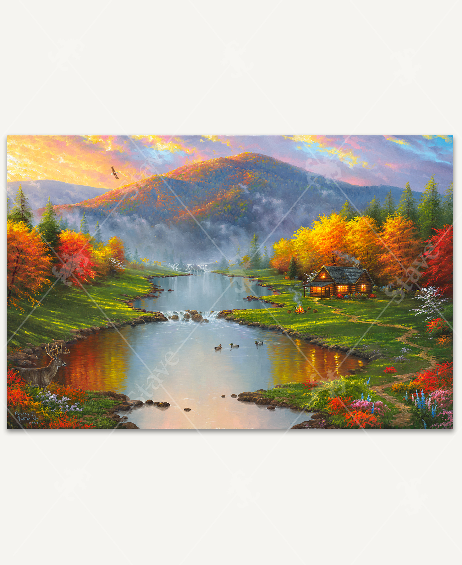 Evening Retreat takes you to an autumn paradise within the mountains of North America. A cosy cabin resides next to a river that's flowing down from the mountains. The wildlife can be seen enjoying the landscape they call home.