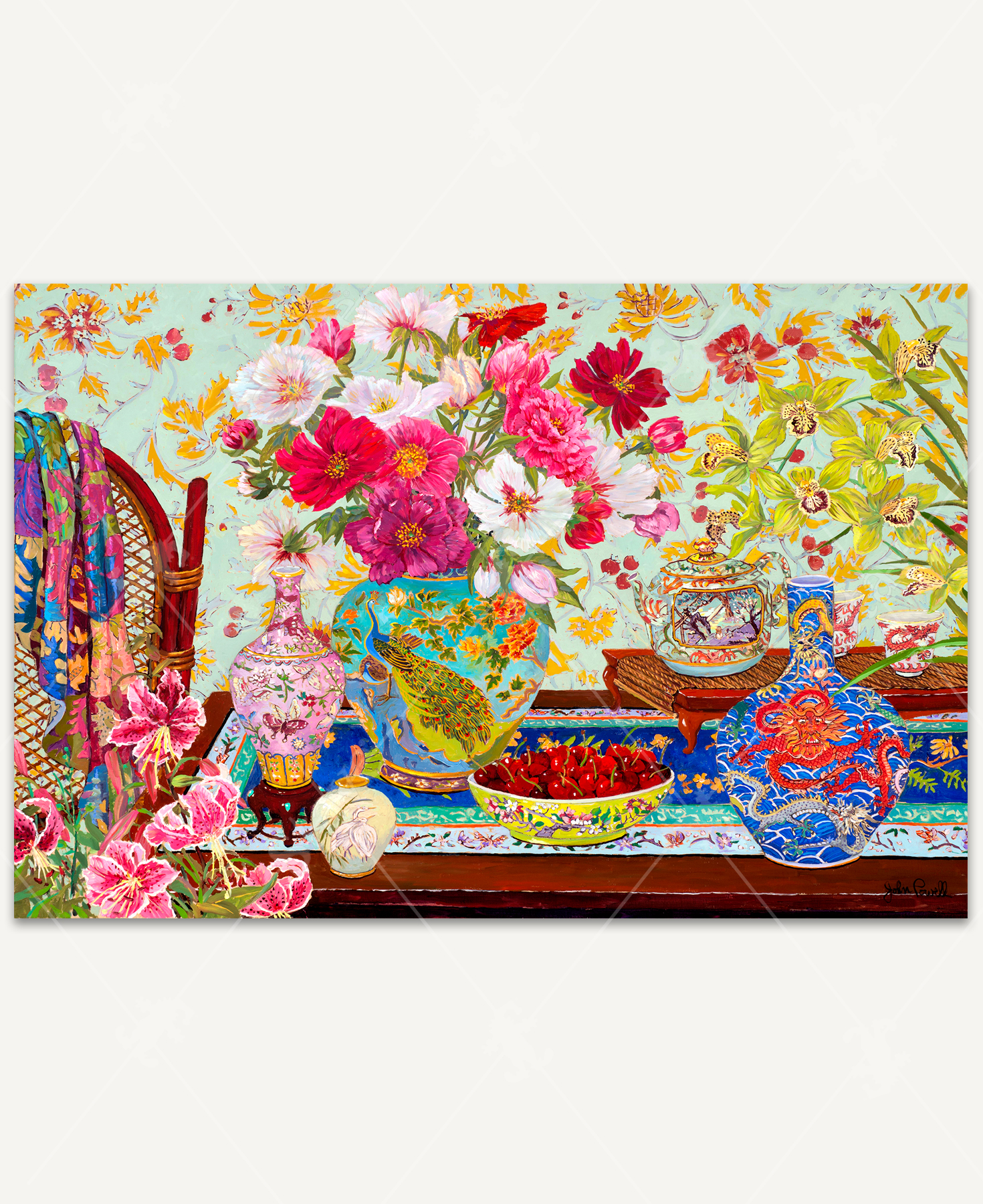 Heart’s Desire wooden jigsaw puzzle displays a Japanese-inspired tabletop scene with colorful flowers, decorative vases, fine china, and a bowl of cherries glowing in soft sunlight.