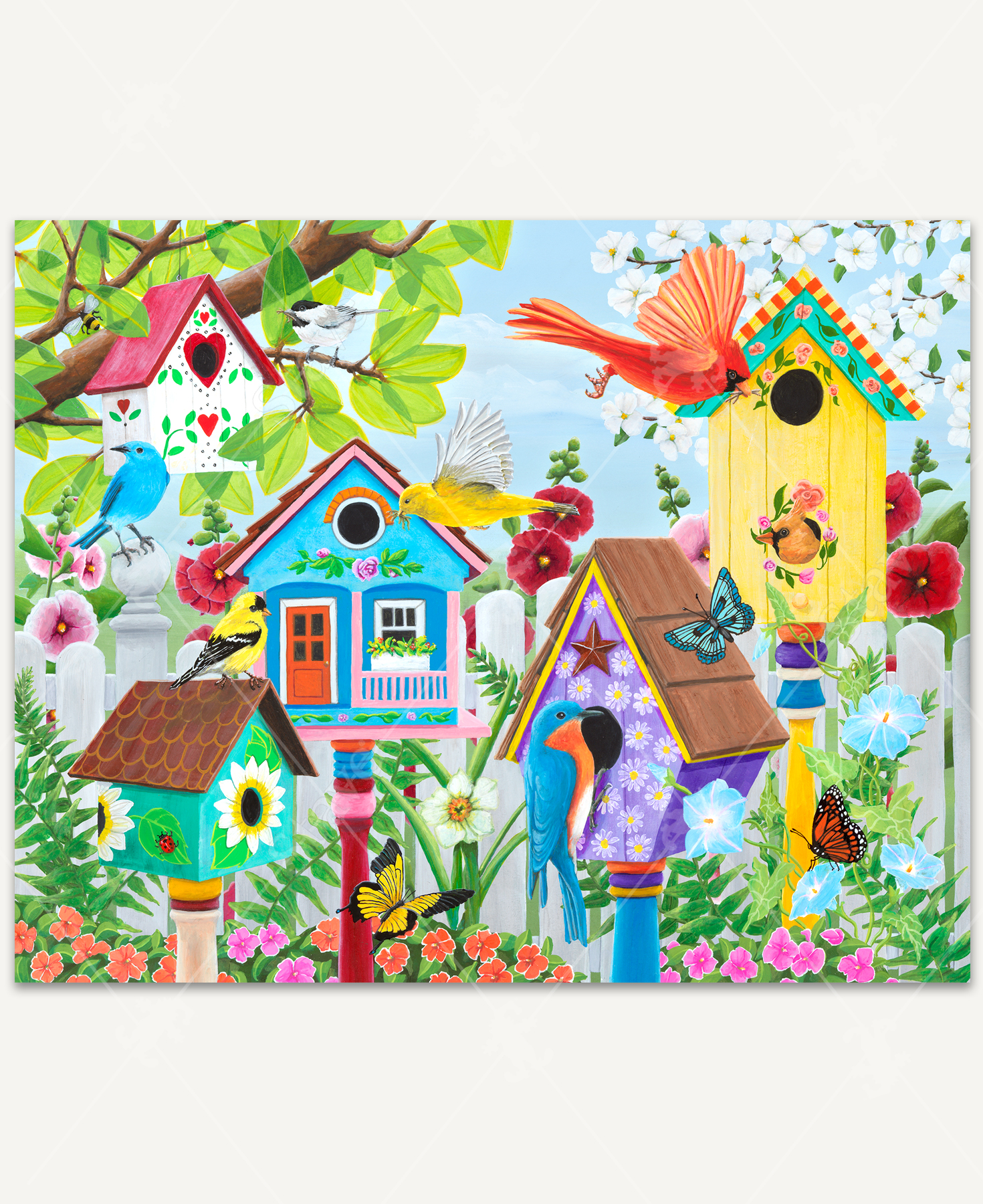Birdhouse Garden wooden jigsaw puzzle presents a whimsical summer scene filled with colorful birds visiting birdhouses and perched on white fence posts.