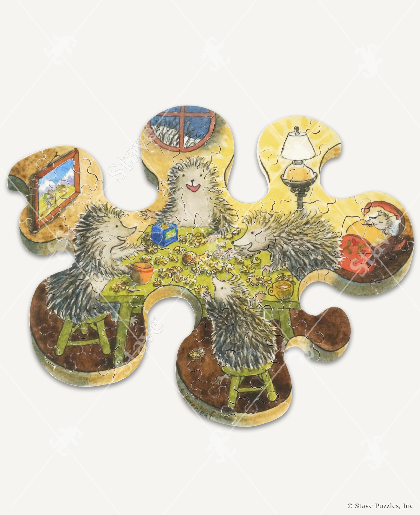 Get Together wooden jigsaw puzzle uncovers a family of hedgehogs sitting around a table as they build a puzzle together.