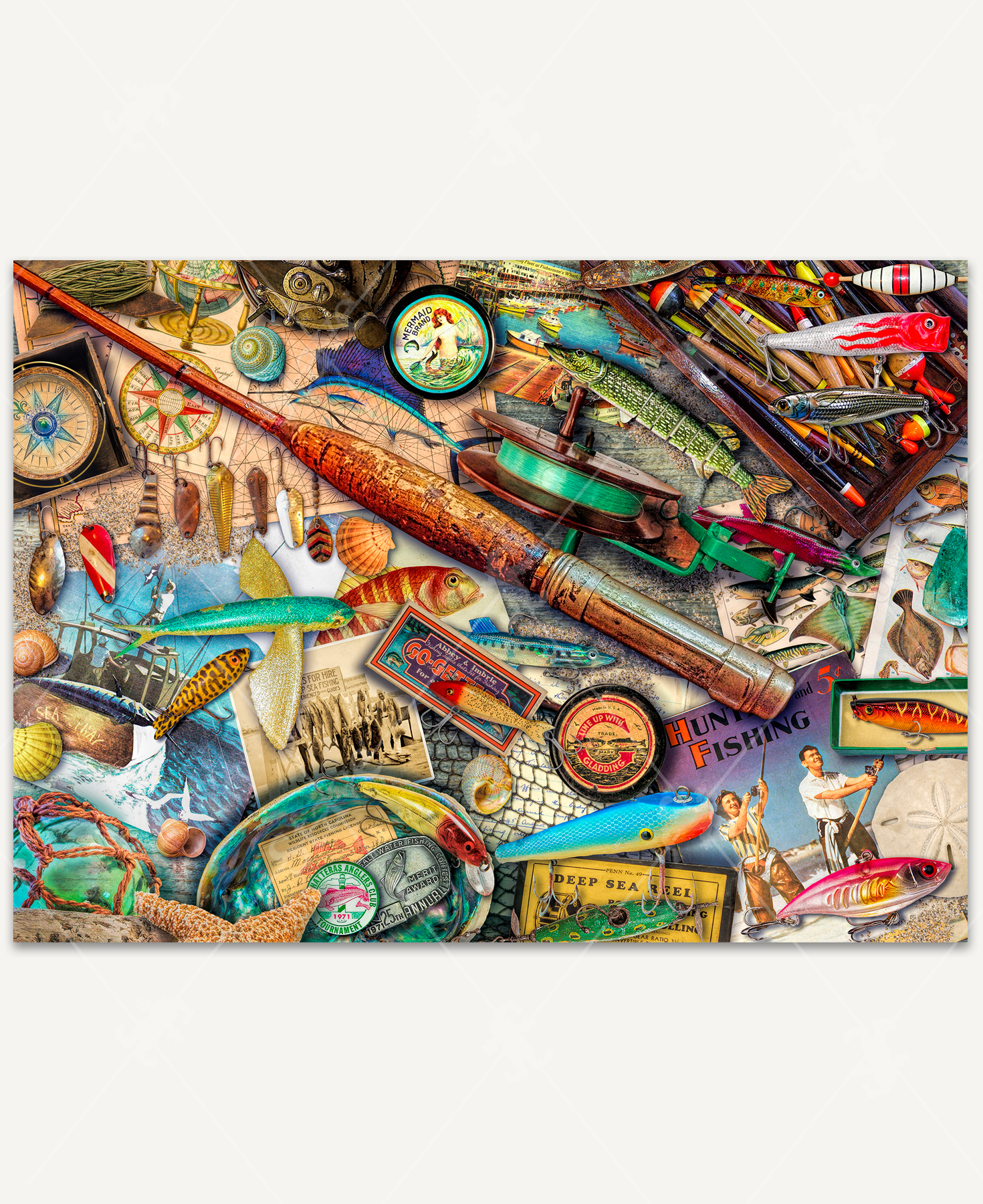 The Vintage Saltwater Fishing wooden jigsaw puzzle features a collage of lures, a tackle box, and nostalgic fishing posters.