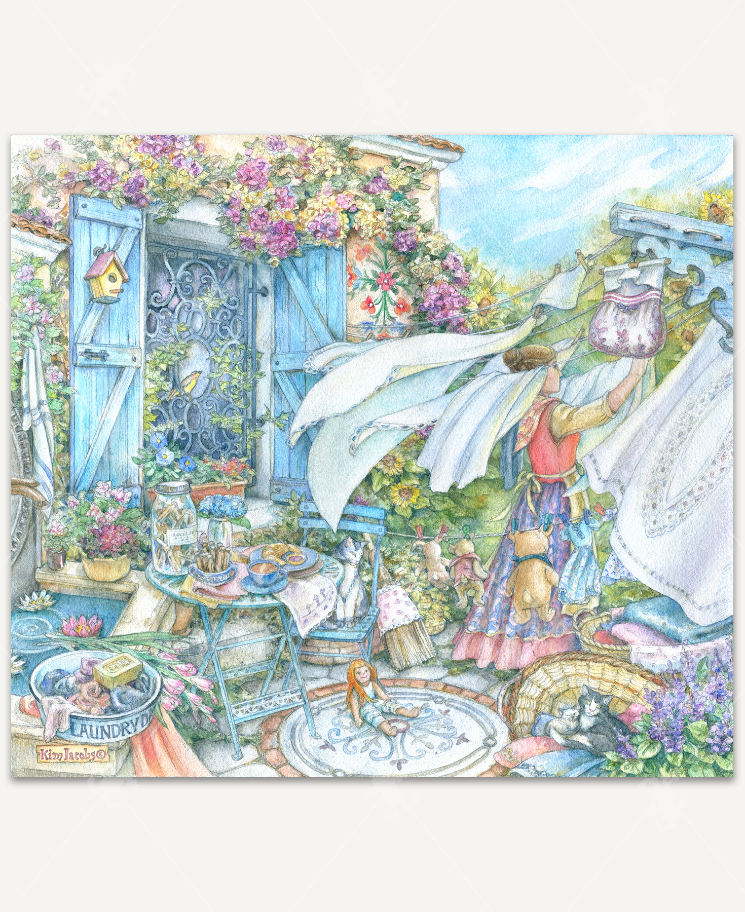 Laundry Day wooden jigsaw puzzle displays a bustling garden scene with a woman hanging towels and teddy bears on clotheslines, surrounded by overflowing flower pots and garden furniture.