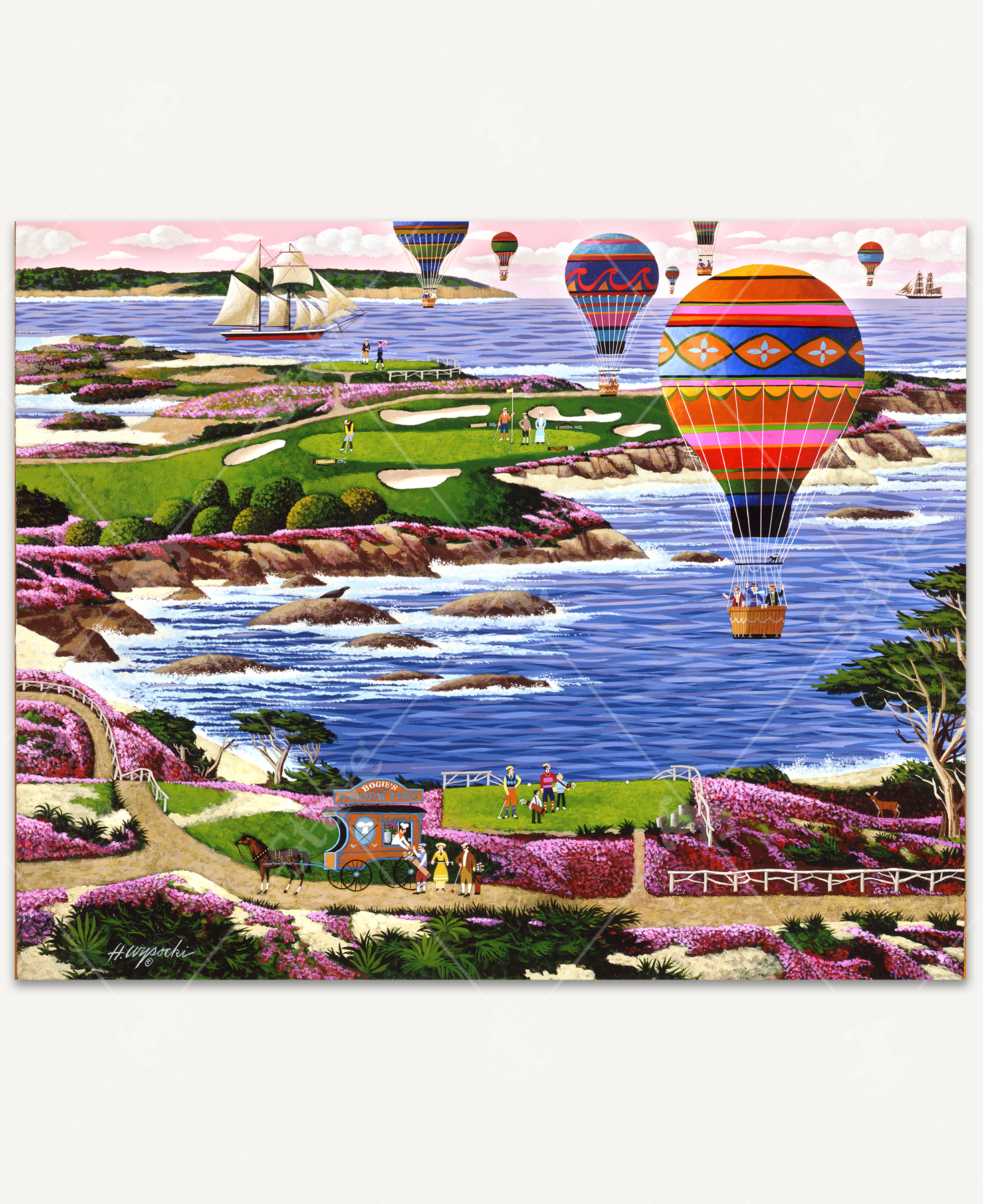 16th At Cypress wooden jigsaw puzzle reveals a golf course along the coast. People carry their golf clubs over to "Bogie's Fairway Food" cart for a snack as they watch hot air balloons fly overhead.