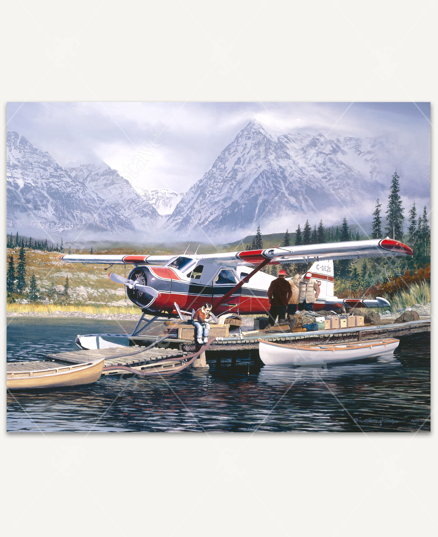 Last Chance wooden jigsaw puzzle presents a lake by the snow-covered mountains where a plane is getting loaded with boxes of supplies, and a little boy fishes off the dock.
