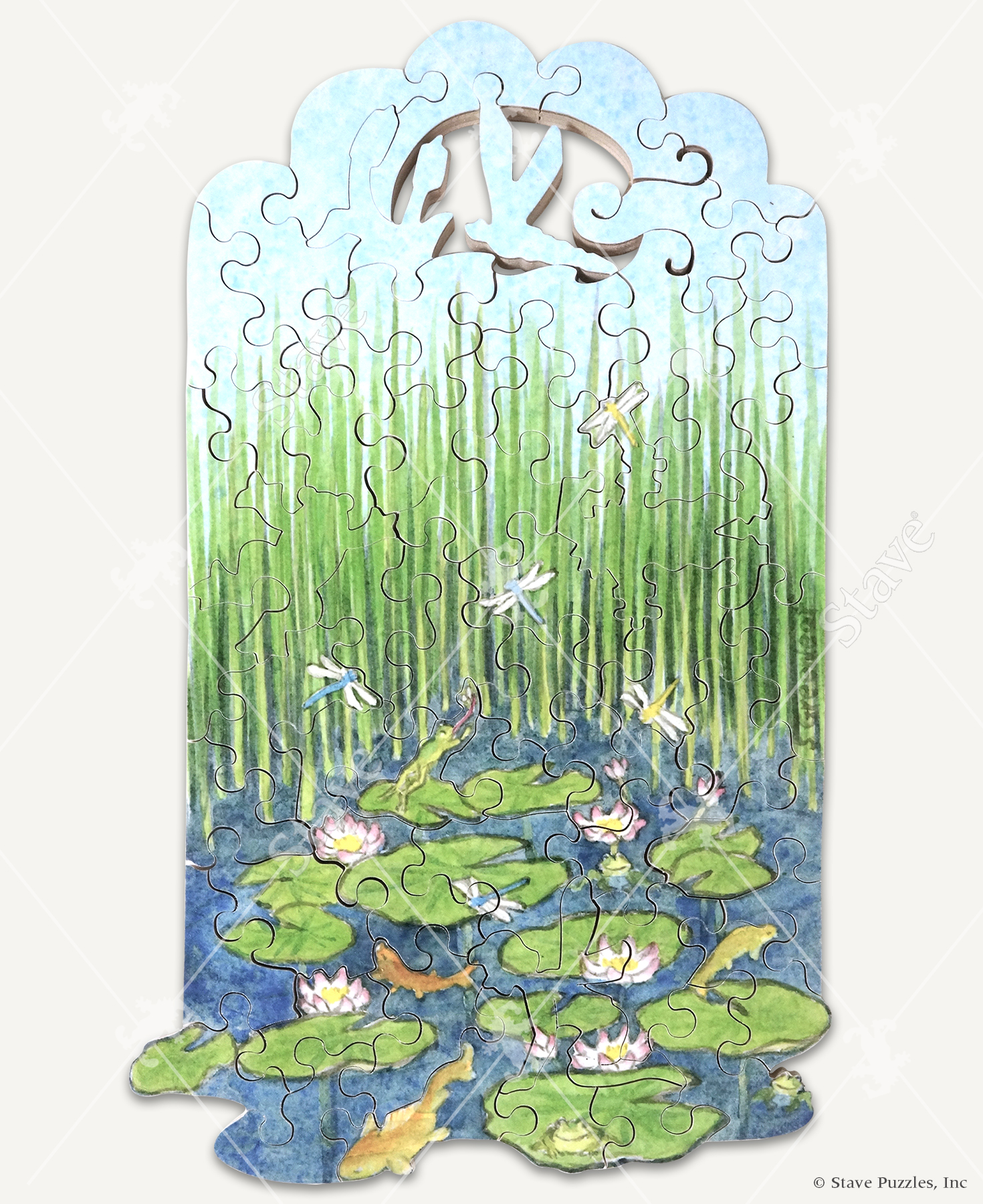 Every Now And Zen wooden jigsaw puzzle illustrates life on a pond with frogs sitting on lily pads as they try to eat insects, dragonflies buzz through the air, and fish swimming around with tall grass filling the background.
