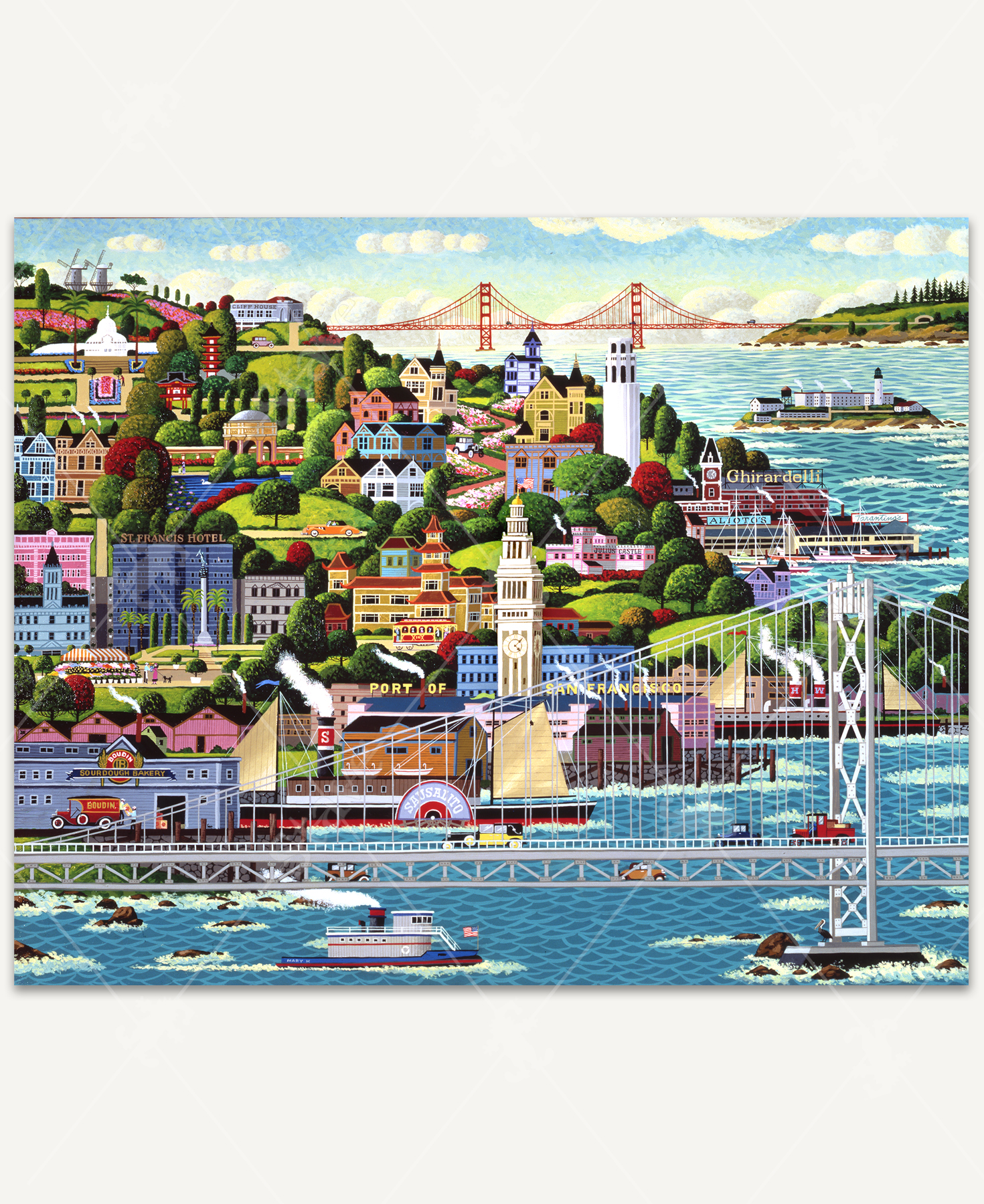 Colorful folk-art painting of San Francisco featuring iconic bridges, classic cars, ferries cruising across the bay, a historic paddle-wheel ship along the waterfront, and steep hills filled with charming Victorian homes, winding roads, and vibrant city life.