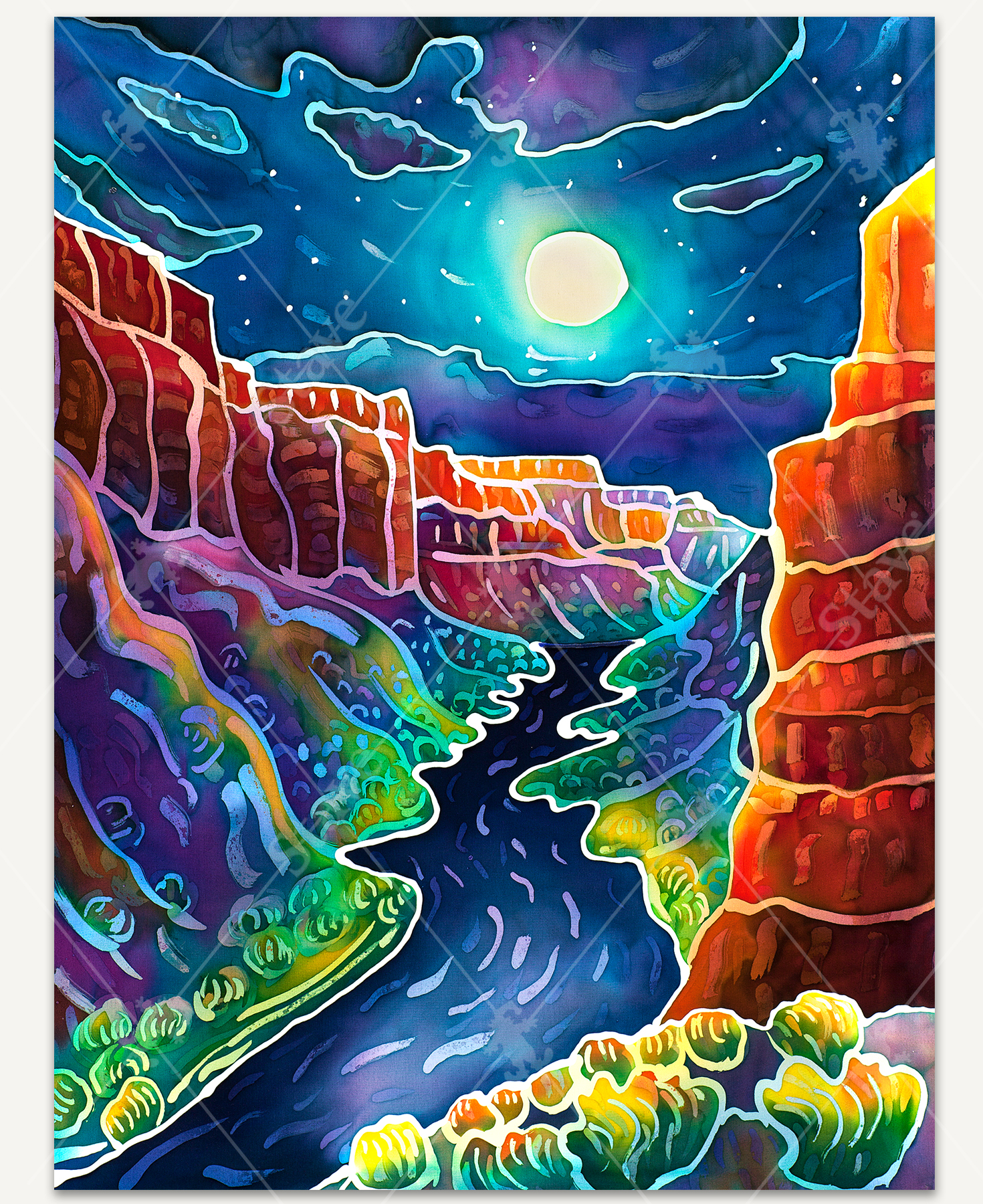Moonlit Canyon wooden jigsaw puzzle illustrates a night scene of a canyon illuminating under the moon's glow. A river flows in between the large rock structures with vegetation growing along the river bed.