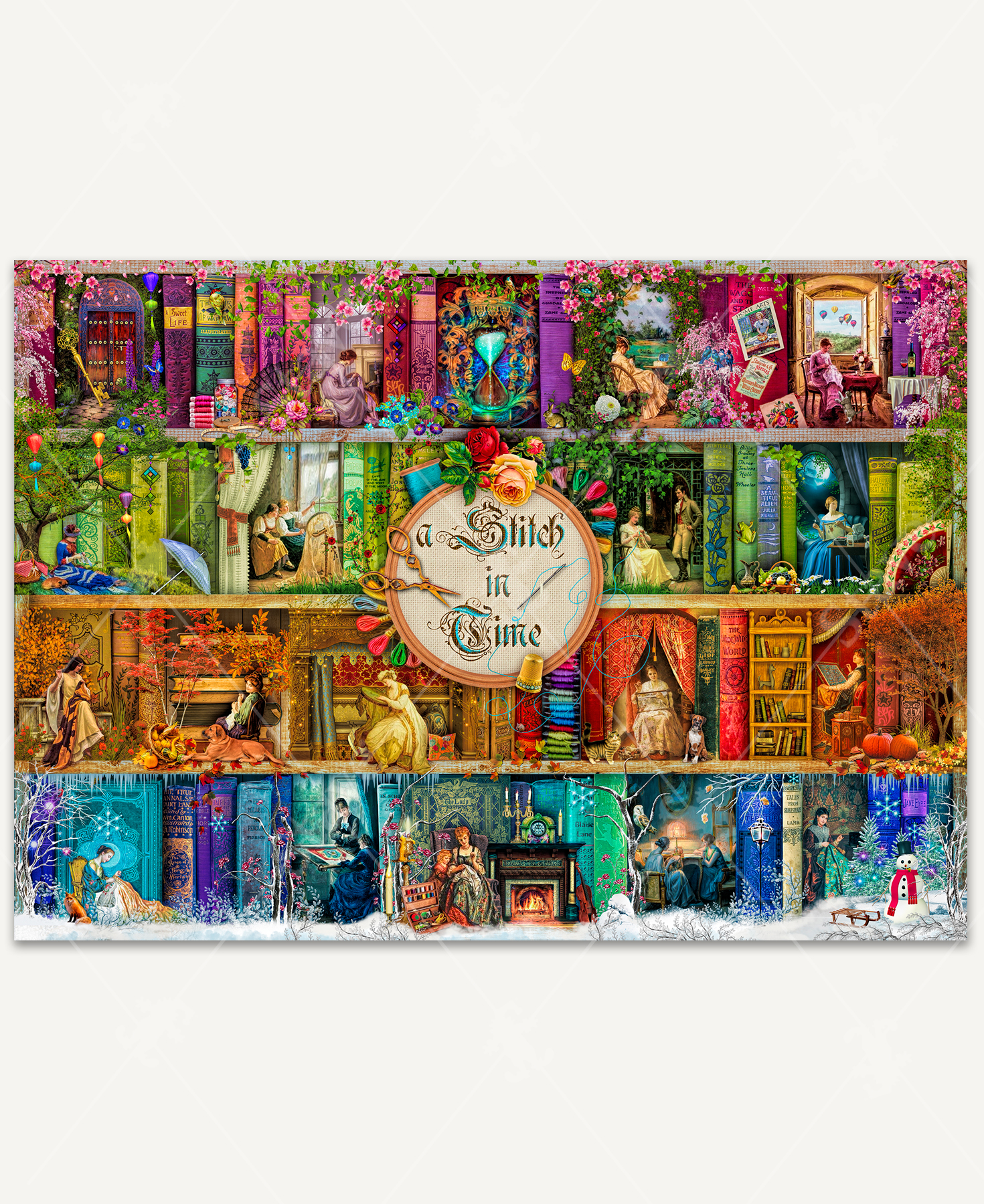 A colorful wooden jigsaw puzzle illustrating women sewing through the seasons, featuring pink for spring, green for summer, gold for fall, and blue for winter.