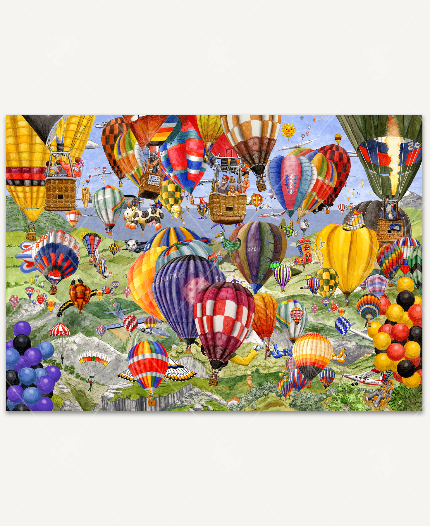 A lively wooden jigsaw puzzle depicting a hot air balloon festival with colorful balloons soaring over lush green fields under a bright blue sky.