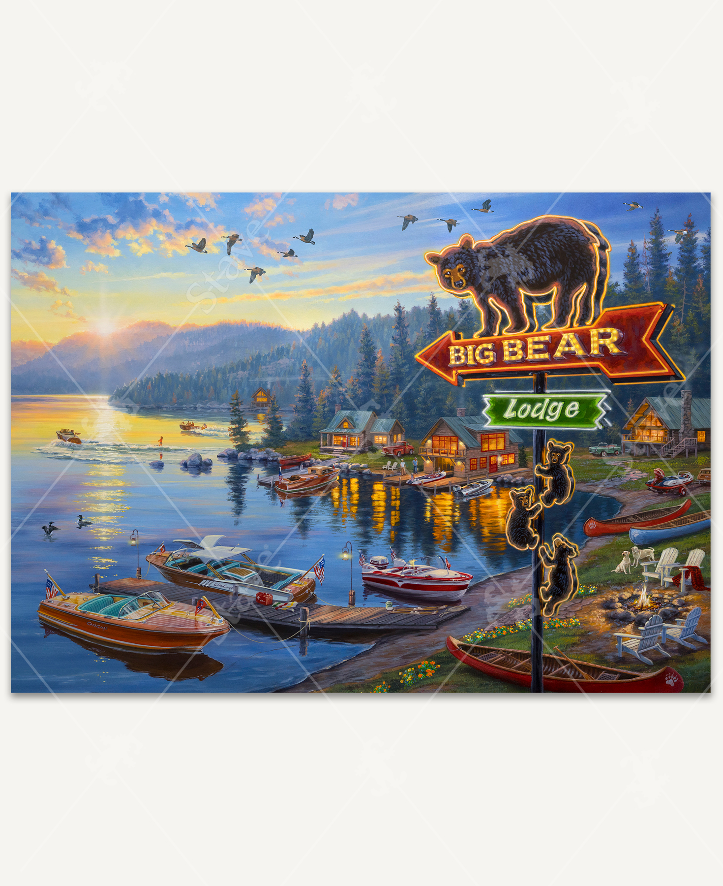 Big Bear Lodge wooden jigsaw puzzle introduces families vacationing on a lake in cabins that line the perimeter of the shore. Boats are parked at the docks as the sun sets behind the mountains. Two boats go out on the water for their last ride of the evening, with one person being pulled on water skis. A LED sign of an arrow with a bear and her cubs reads, "Big Bear Lodge." Lights from the cabins and a campfire glow against the dark pine trees in the background.