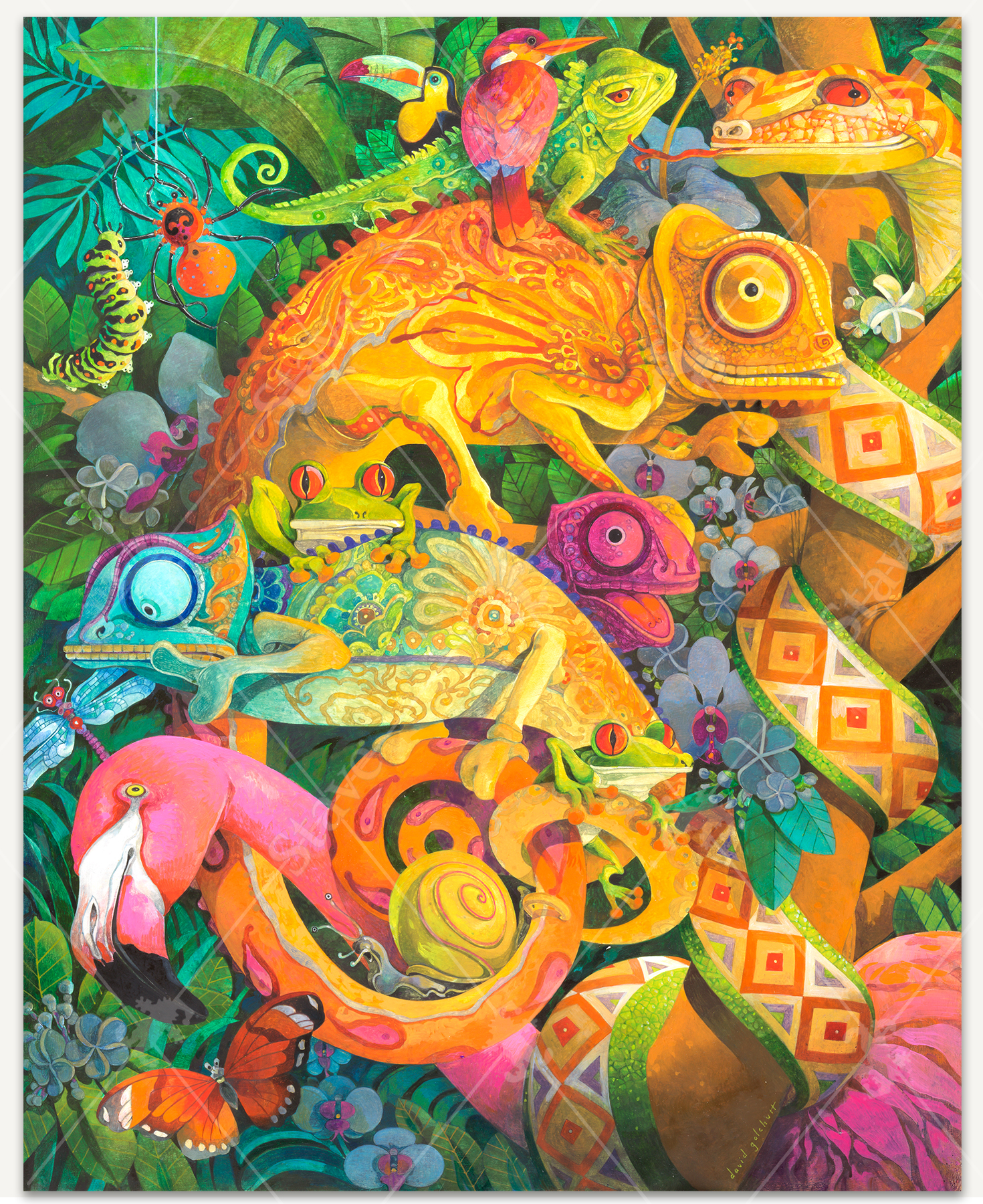Unlikely Pals wooden jigsaw puzzle features a group of birds, reptiles, and insects, piling on top of one another in this jungle scene. A flamingo stands peering its head out from behind a tree where a snake wraps its body around the trunk and a chameleon stands on a branch, holding two other chameleons with its tail. A toucan, iguana, and kingfisher sit at the very top of the pile. A butterfly, dragonfly, spider, and caterpillar join in as they sit off to the side surrounded by leaves and tropical flowers.