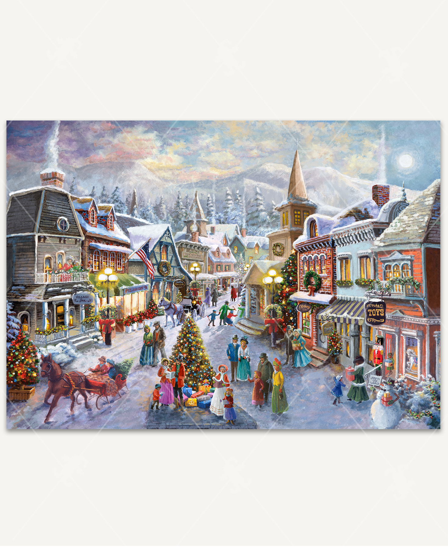 A charming wooden jigsaw puzzle depicting a Victorian Christmas village with a Christmas tree, carolers, horse-drawn carriages, and festive decorations against a backdrop of snowcapped peaks.