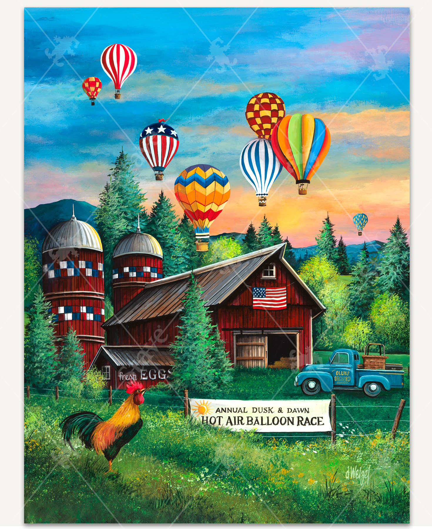Race At Dawn wooden jigsaw puzzle displays eight hot air balloons taking off into the colorful sky. An old blue truck with a hot air balloon basket in the bed is parked in front of a red barn. A wire fence around the barn holds a sign reading, "annual dusk & dawn hot air balloon race."  A rooster looks up at the sunset sky as the balloons float by.