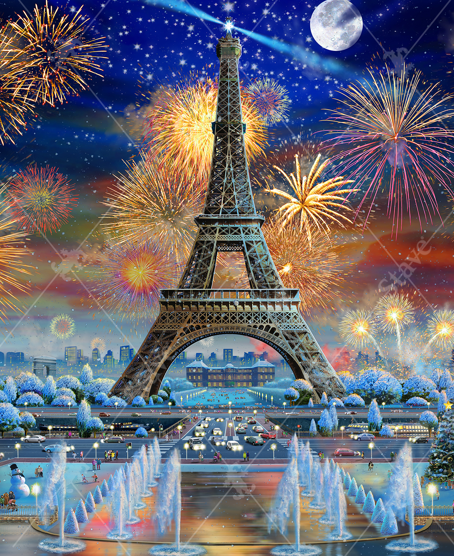 Close-up of Eiffel Tower Celebration wooden jigsaw puzzle displaying a winter scene of the Eiffel Tower surrounded by snow-covered trees and icy water displays. Cars drive by on the busy streets as fireworks light up the night sky to celebrate New Year's Eve.