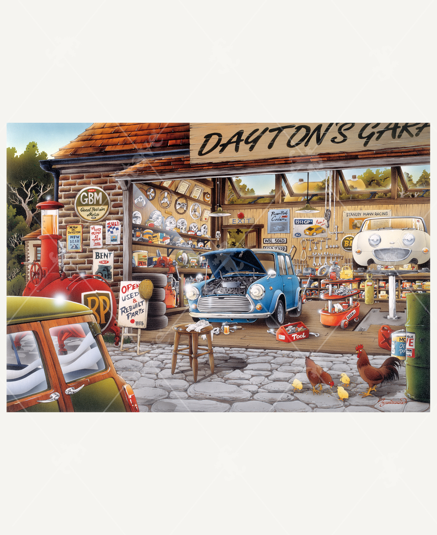 Dayton's Garage wooden jigsaw puzzle features a quaint garage where two cars are being worked on for repairs. To the left, a blue car has its hood open with a tool box and tools scattered on the ground. On the right side, another car is lifted up in the air with a three tiered tool cart next to it. The garage is full of car parts and different signs on the walls. Chickens are outside the garage, pecking away at grain on the cobblestone.