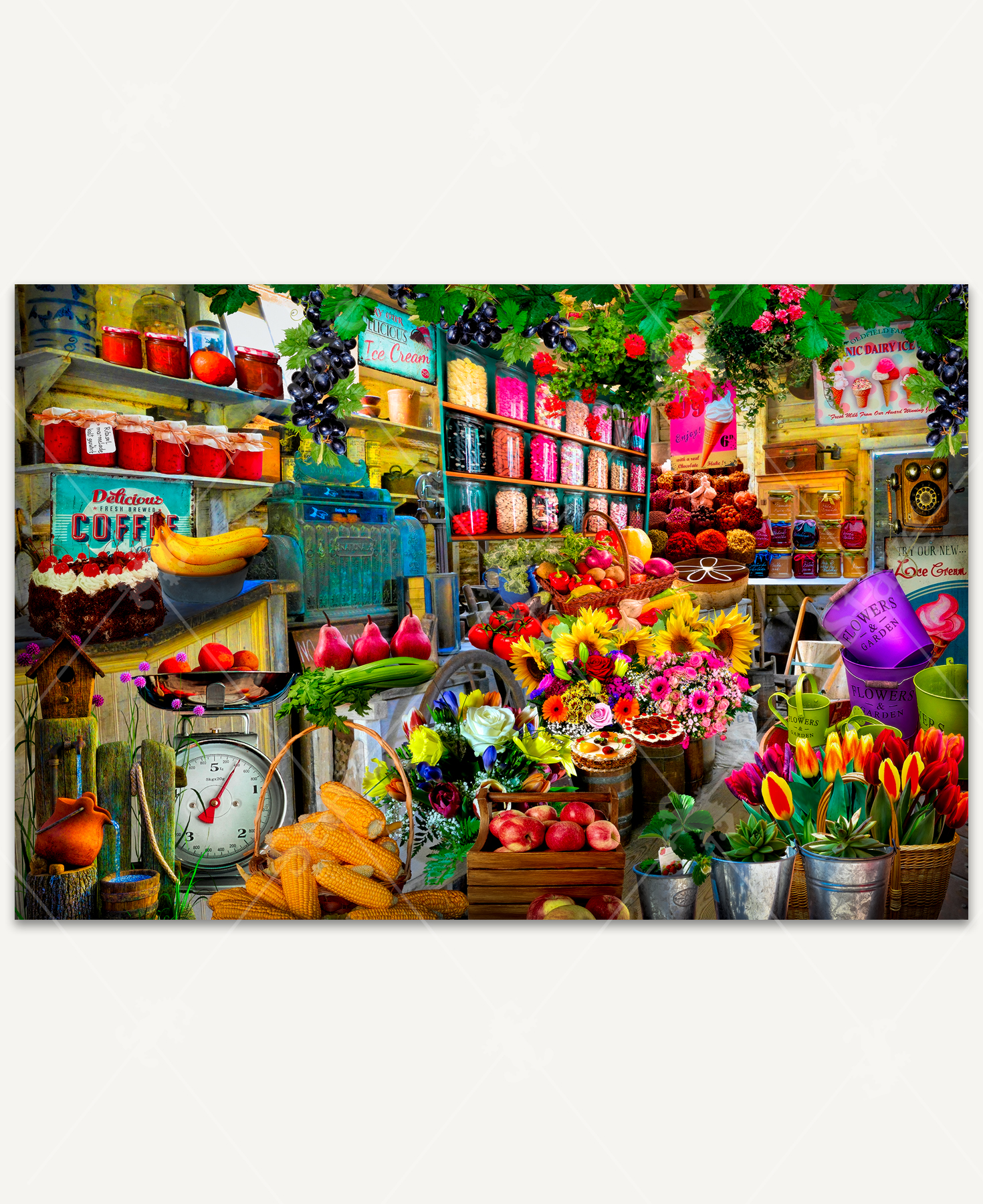 Market Fresh wooden jigsaw puzzle brings viewers inside a market of locally grown produce. The wall on the left side is covered in shelves and jars of products, while the back wall has a table of jams and bouquets of flowers. Vegetables, flowers, and desserts stacked on barrels sit in the middle of the store. Grape vines and flowers hang from the ceiling.