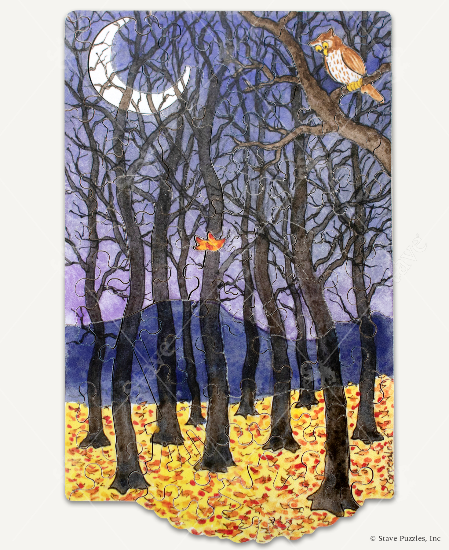 I Beleaf In You wooden jigsaw puzzle exhibits the last leaf on a tree is falling off on an autumn night, witnessed by an owl sitting on a branch.