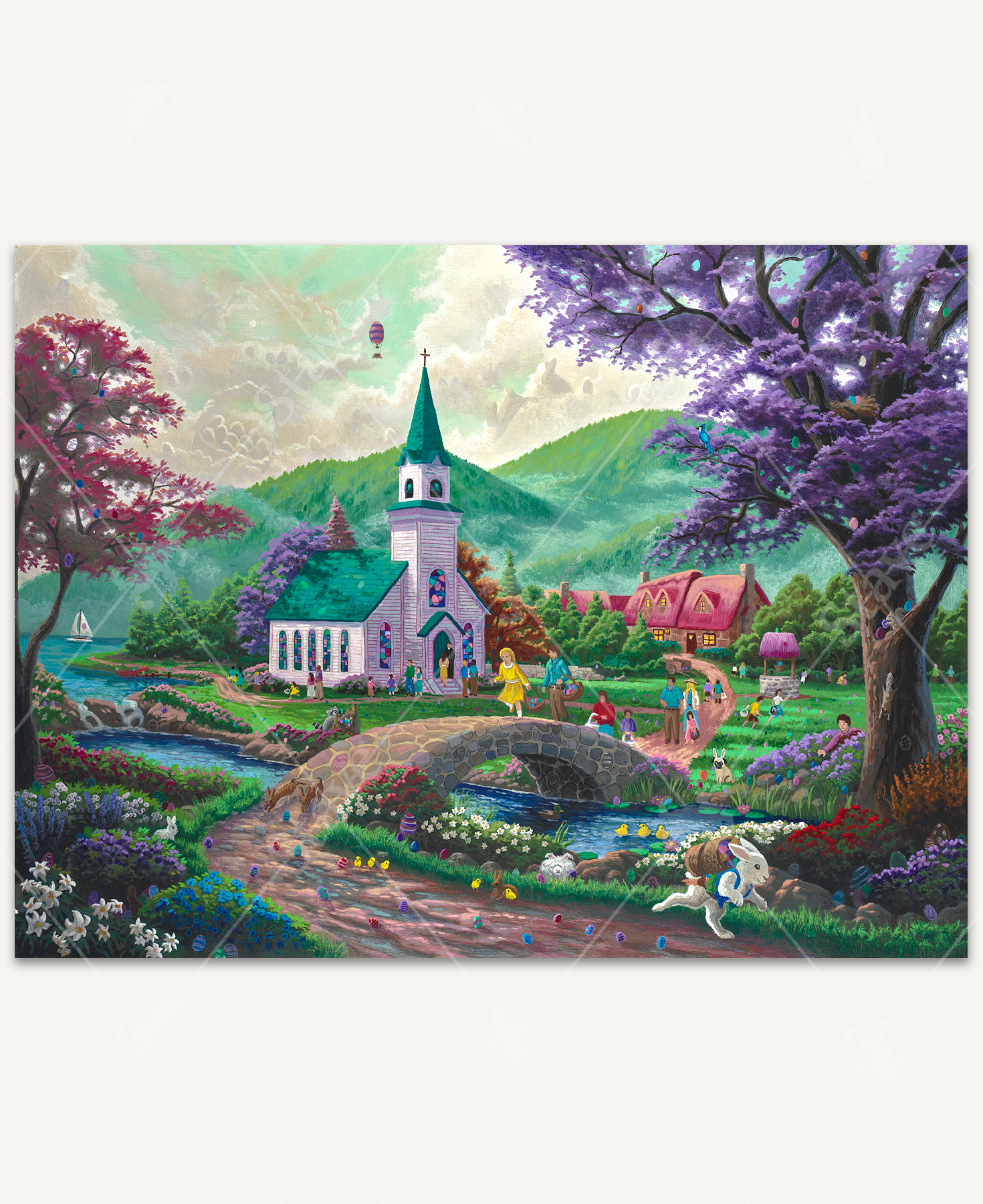 Easter Sunday wooden jigsaw puzzle reveals a scene outside a church where children are having an Easter egg hunt. Two kids walk over a stone bridge to follow a trail of eggs that leads to the Easter Bunny. Mountains fill the background, and an Easter egg hot air balloon floats in the sky with bunny and egg-shaped clouds.