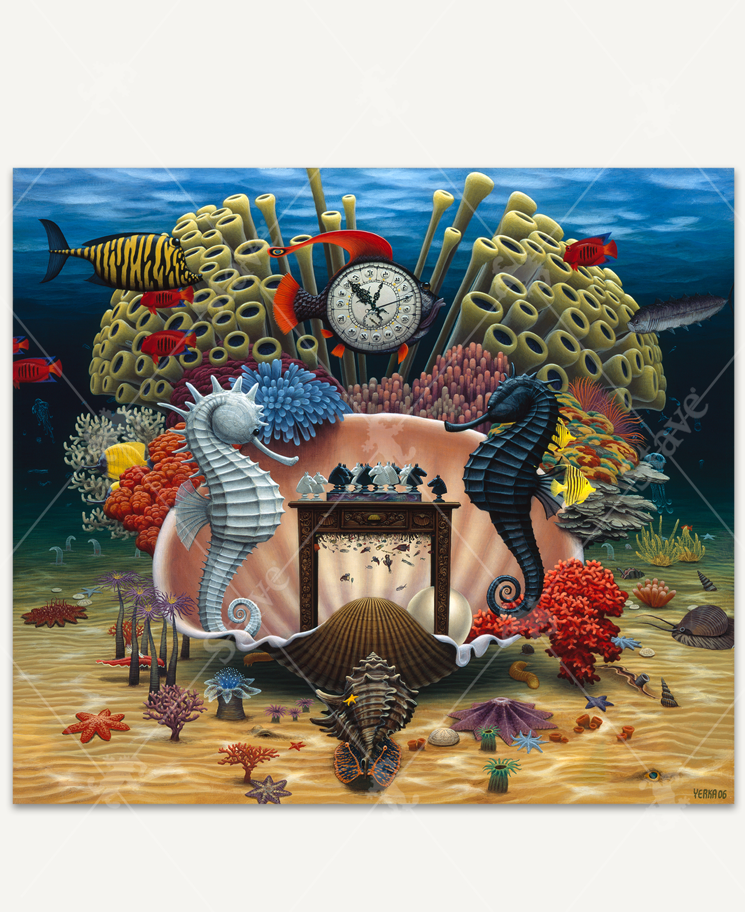 Whimsical underwater scene featuring two seahorses playing chess inside a giant clam shell. Colorful coral reefs, tropical fish, starfish, anemones, and seashells surround the match.