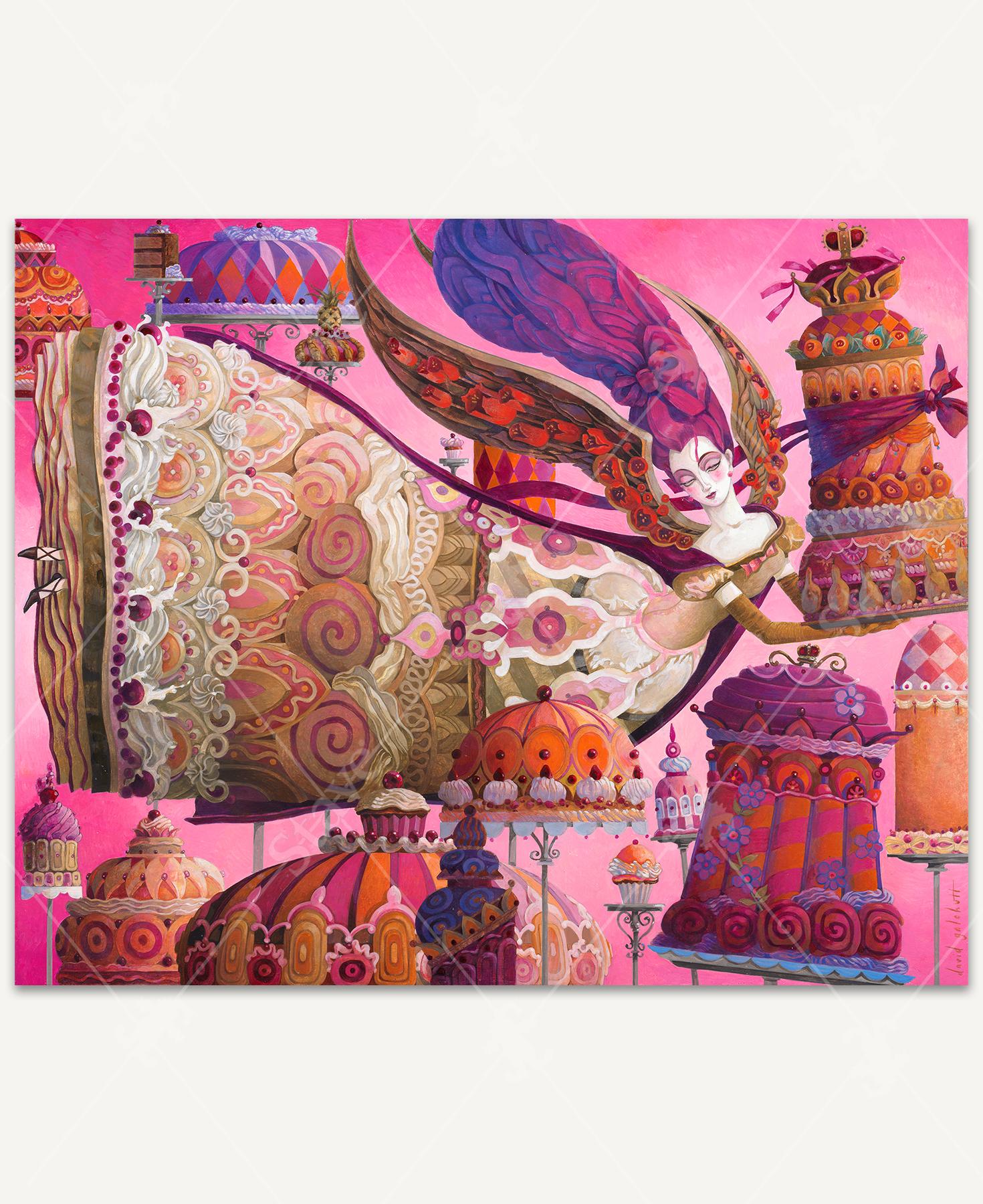 Divine Catering wooden jigsaw puzzle features an angel flying in the air, who is wearing a very intricate gown that is decorated similar to the baked goods that she is putting on stands for display all around her. Cakes and cupcakes iced in pink, purple, and orange frosting match the colors of pink background and the angel's purple hair.