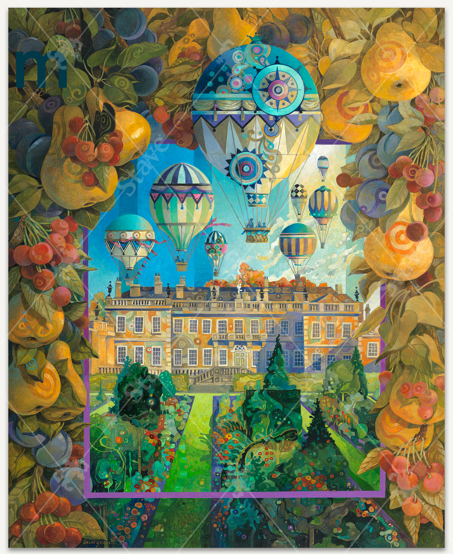 Soaring Over England wooden jigsaw puzzle captures the view of a castle from the backyard garden full of lush vegetation, as hot air balloons fly over head.