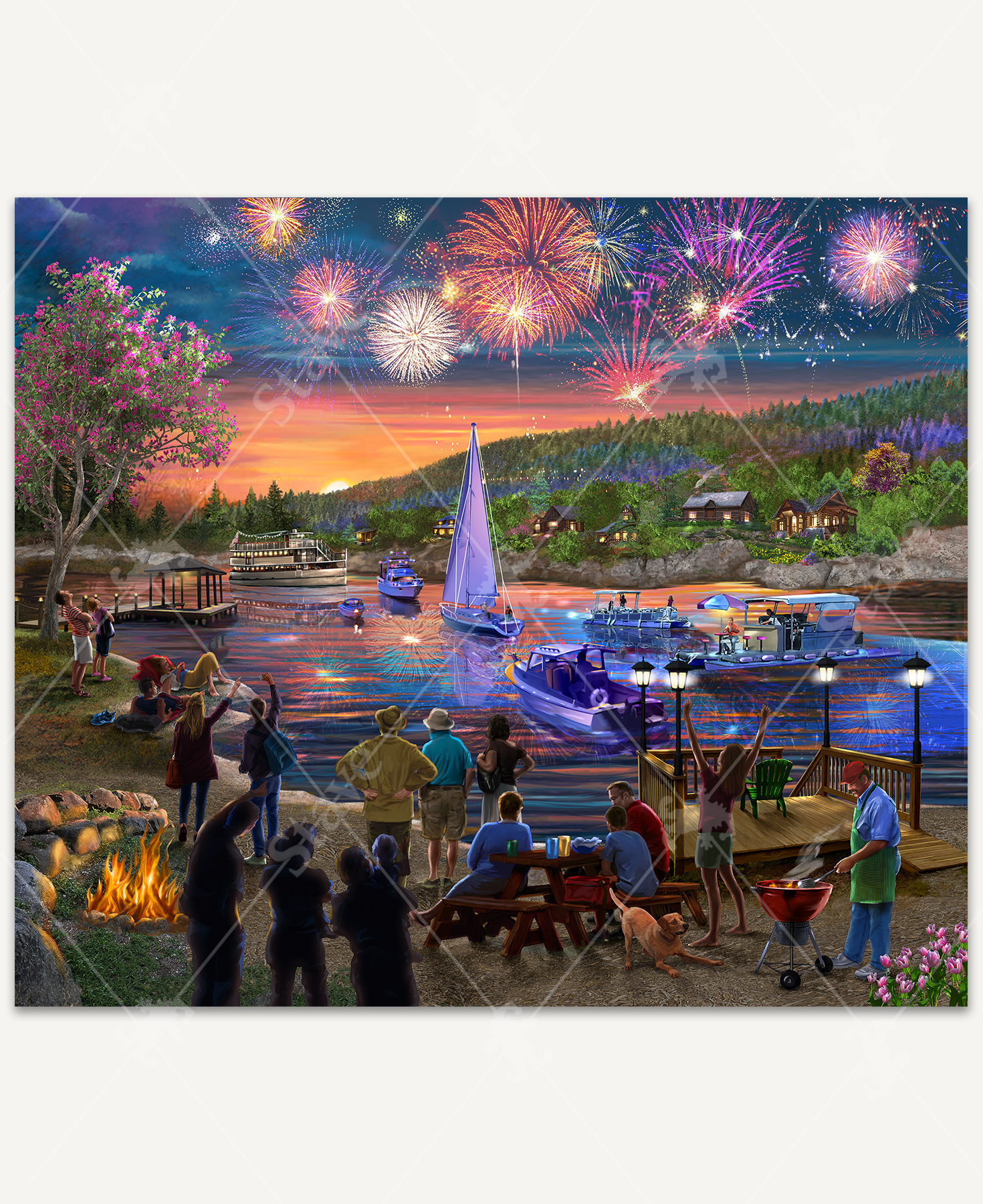 Summer Fireworks wooden jigsaw puzzle displays an evening scene watching fireworks by the lake. Friends gather around, sitting in the grass and at the picnic table, getting warm by the campfire, and grilling food. Colors reflect on the water and light up the boats in a purple glow below. Cabins illuminate in the darkness on the mountainside.