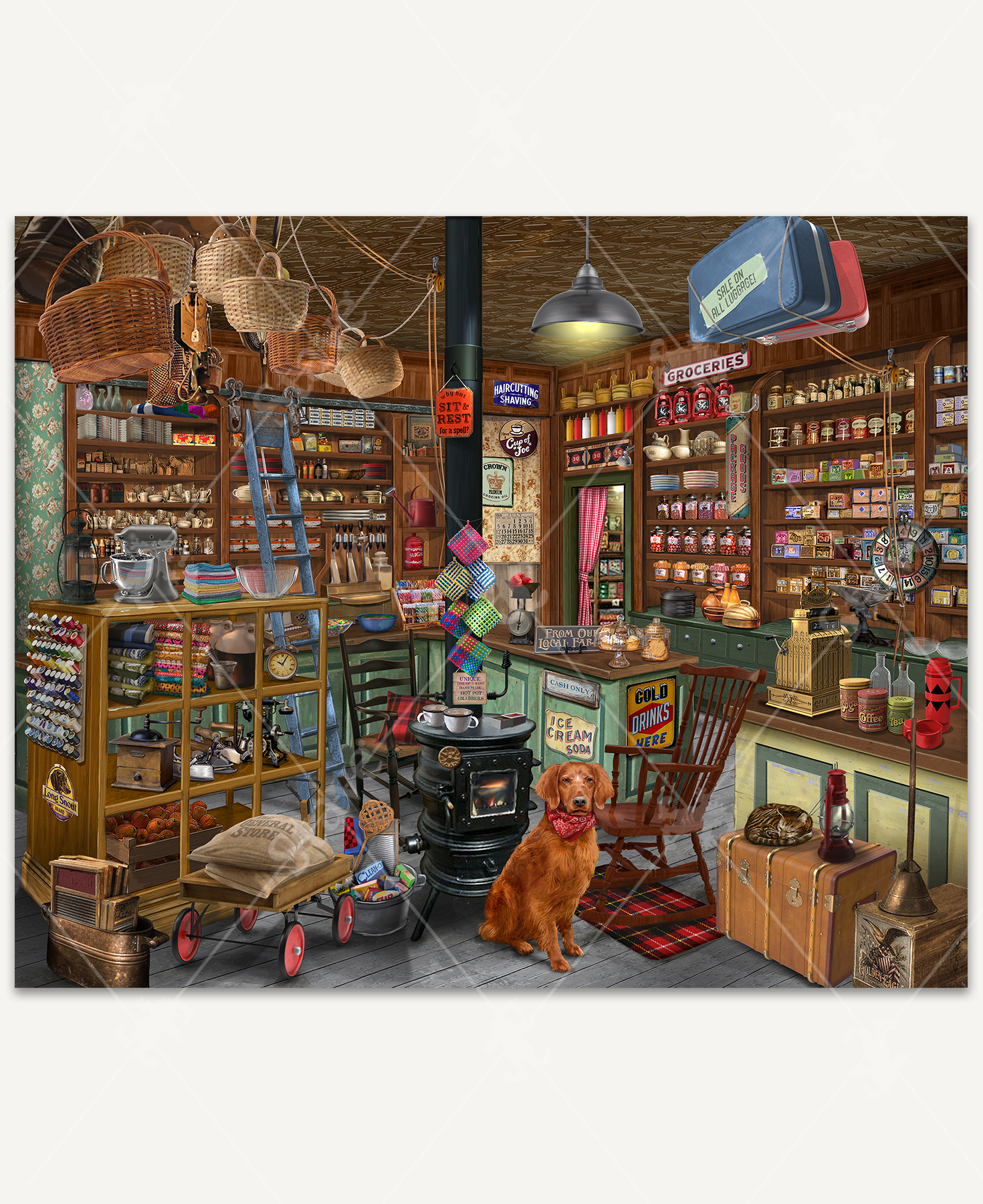 General Merchandise wooden jigsaw puzzle displays an old-time country store full of dishes, spices, candy, and more. In the center of the room is a wood stove fireplace, where an inviting rocking chair and dog sit beside it. Baskets, luggage, and lights hang from the store's ceiling.