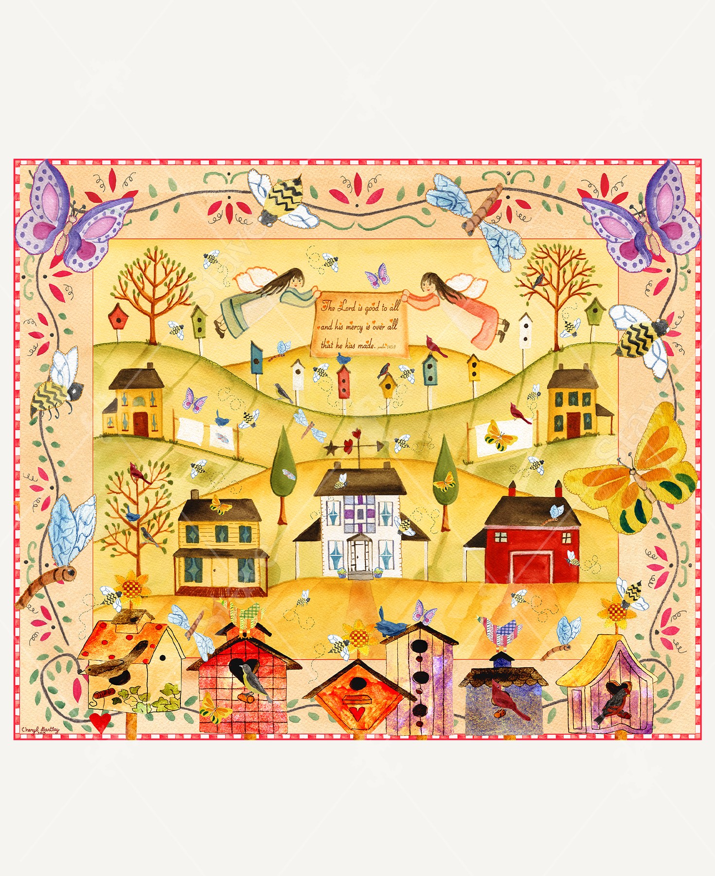 Birds, Butterflies, and Angels wooden jigsaw puzzle presents a spring scene of houses and birdhouses scattered around rolling hills with two angels flying above the town, holding a sign saying, "the lord is good to all, and his mercy is over all that he has made." The scene is framed with birdhouses and insects.