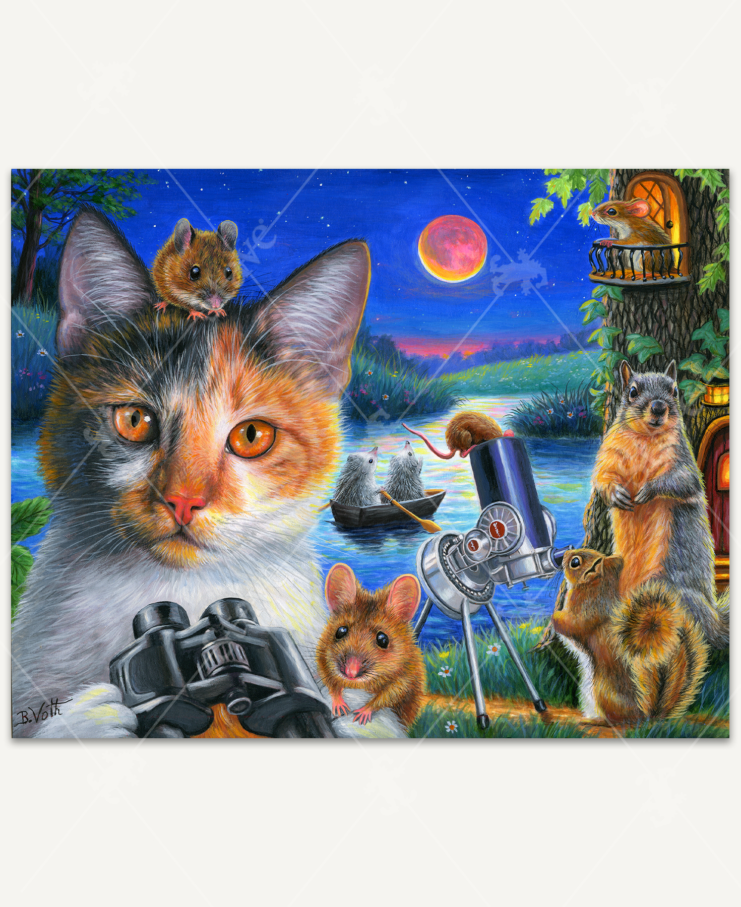 handcrafted wooden jigsaw puzzle of Lena the cat and her small animal friends observing a lunar eclipse near a pond