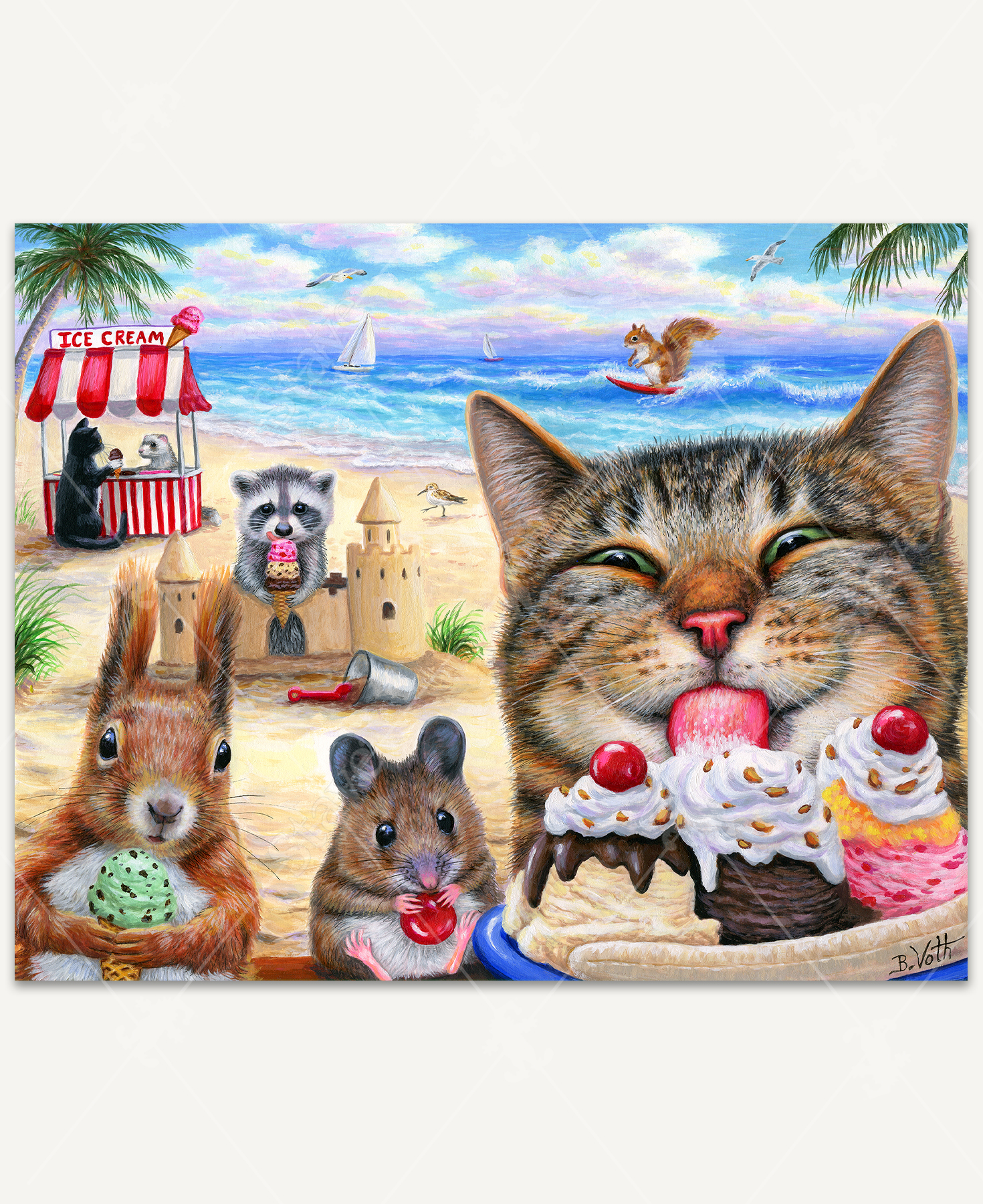 handcrafted wooden jigsaw puzzle a cat and small critters enjoying ice cream and other beach activities on a hot summer's day. handcrafted wooden jigsaw puzzle a cat and small critters enjoying ice cream and other beach activities on a hot summer's day.