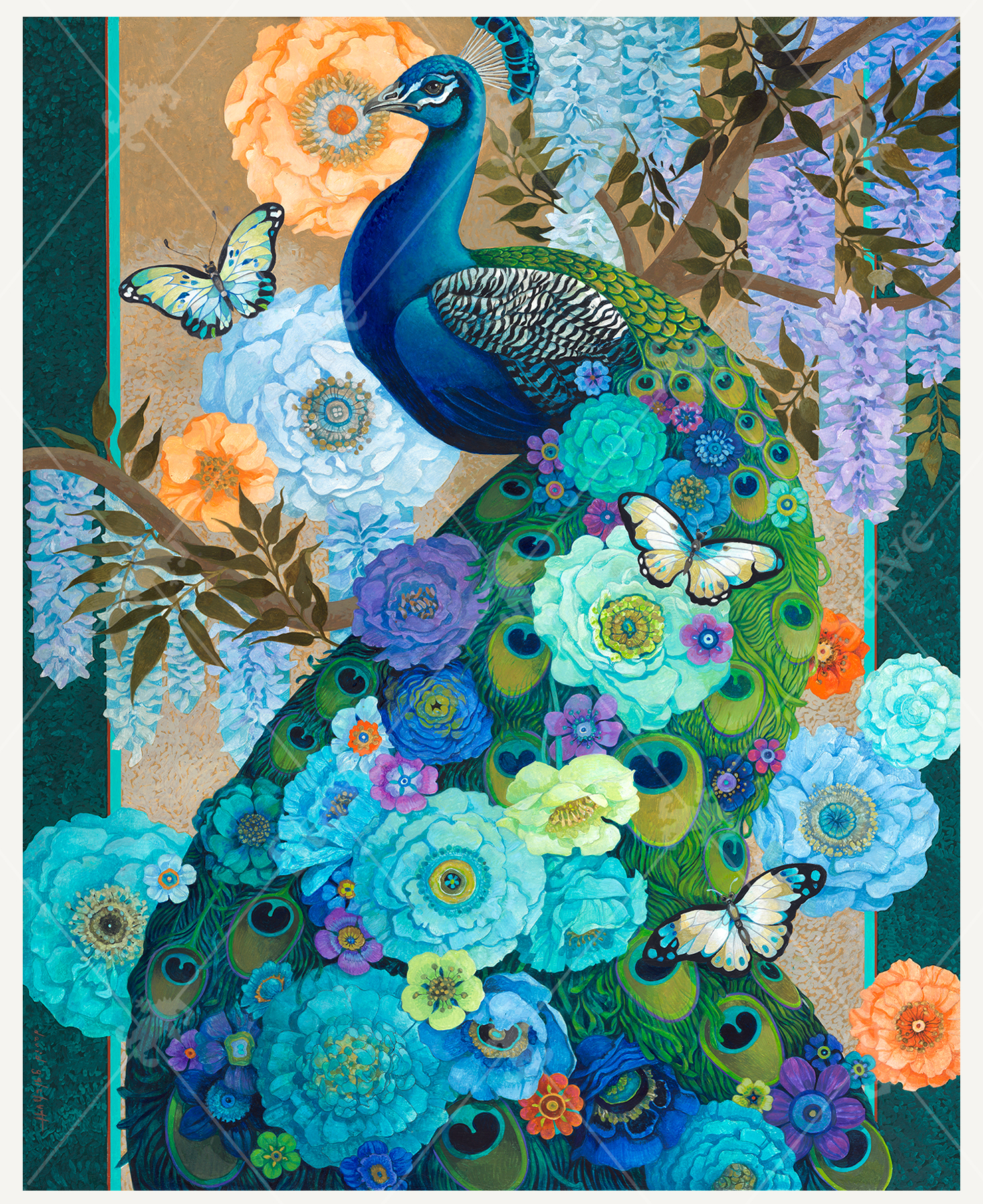 Handcrafted wooden jigsaw puzzle of a vibrant peacock sitting on a branch surrounded by flowers and blossoms.