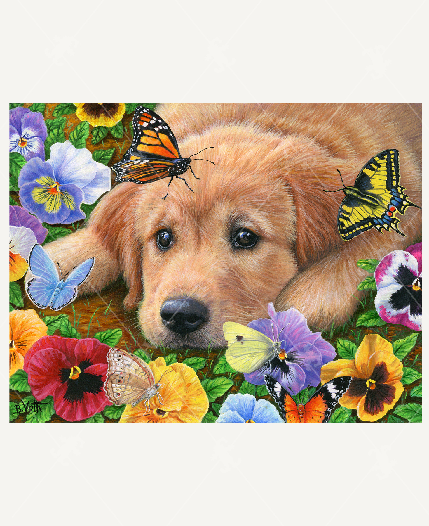 Butterflies, Baby! wooden jigsaw puzzle uncovers a golden retriever puppy laying in the grass as it watches butterflies go from flower to flower insearch of nectar.