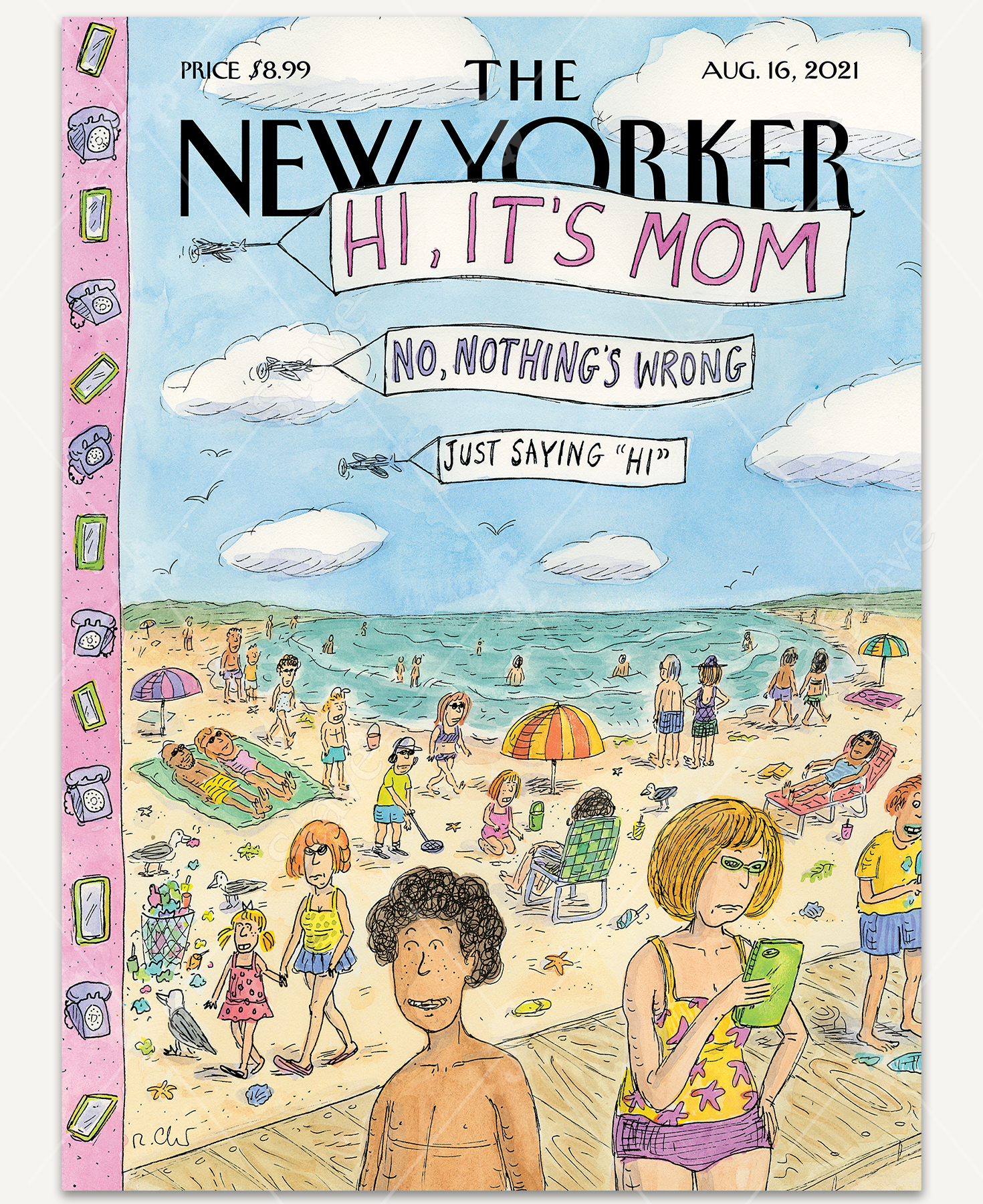 August 16, 2021 wooden jigsaw puzzle features a humorous scene of planes flying over people who are partaking in activities on the beach, with signs attached to each one saying, "hi, it's mom," "no, nothing's wrong," and "just saying hi."