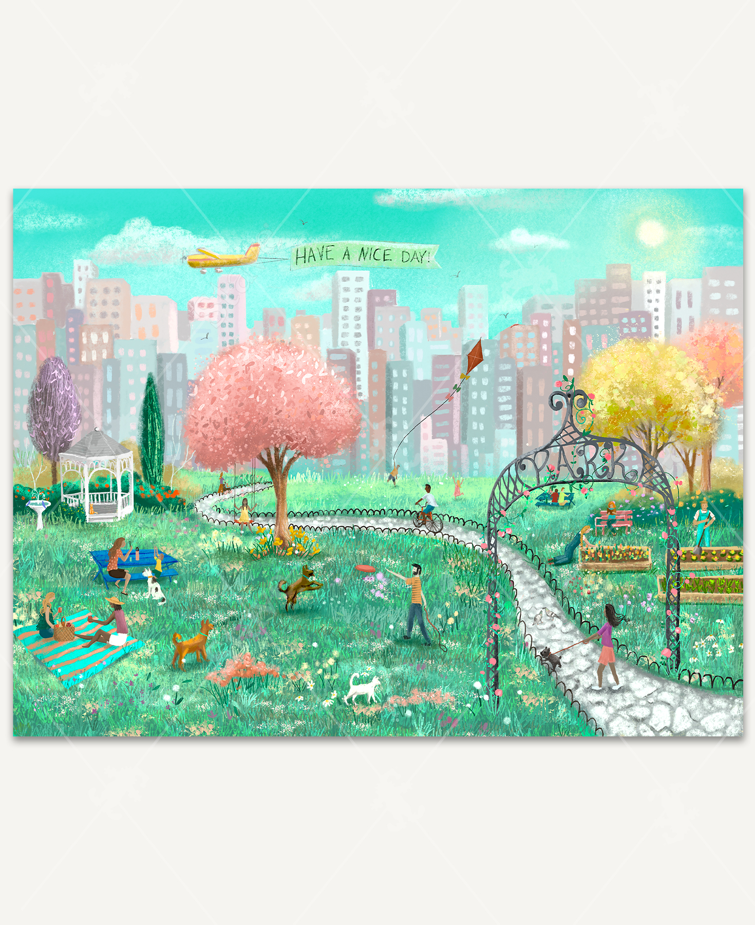Adventures At The Park wooden jigsaw puzzle uncovers a park where people gather for a picnic, fly a kit, ride a bike, and spend time with their dog. The park is full of bright flowers and colorful trees. In the background, city buildings stretch towards the blue sky as a plane flies over head with a sign following behind that reads, "have a nice day".