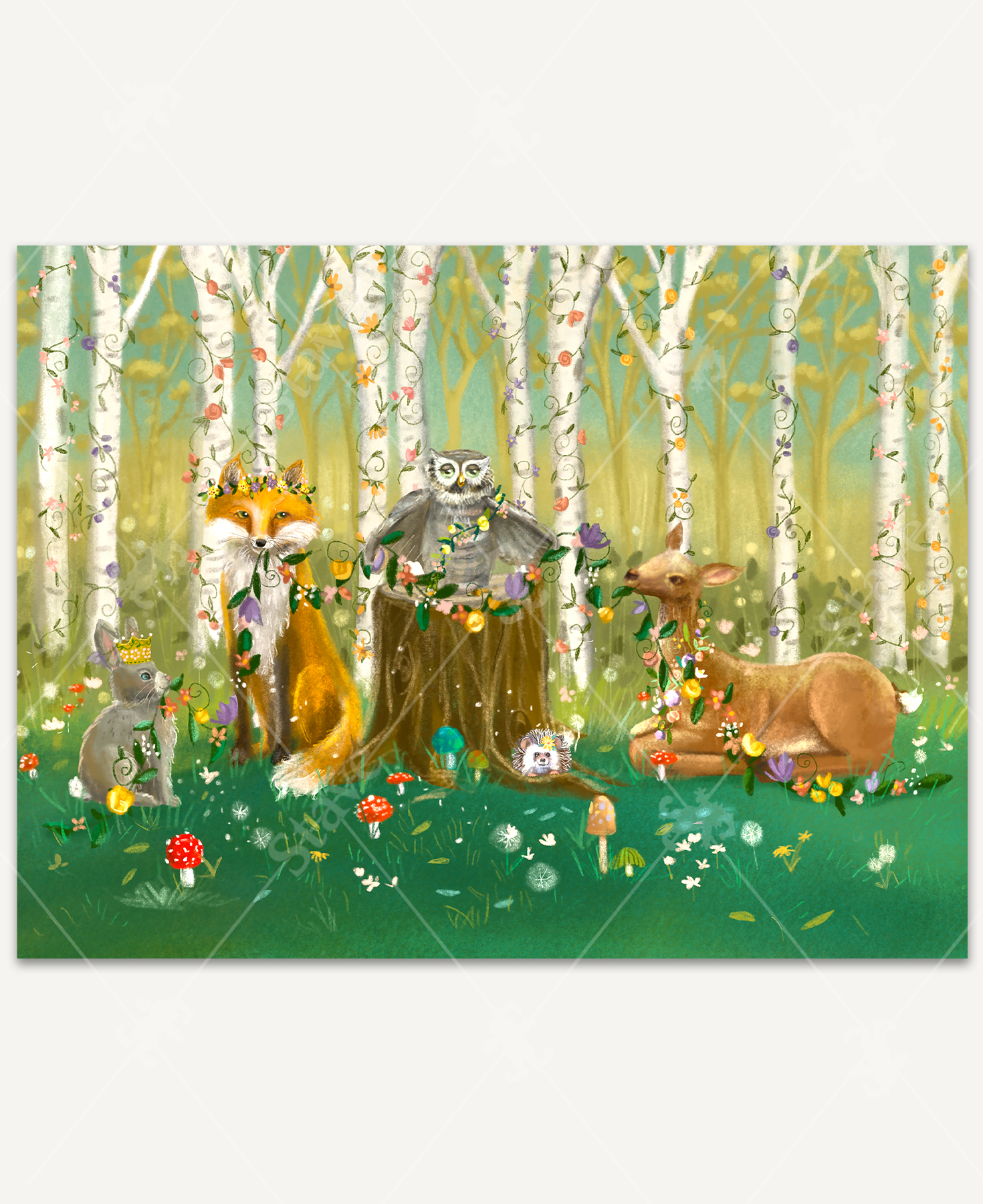 Wild Delights wooden jigsaw puzzle captures a rabbit, fox, owl, deer, and hedgehog gathering together in the woods to decorate the birch trees with flowers for the spring season. The animals sit around a log as they hold onto a vine of flowers.