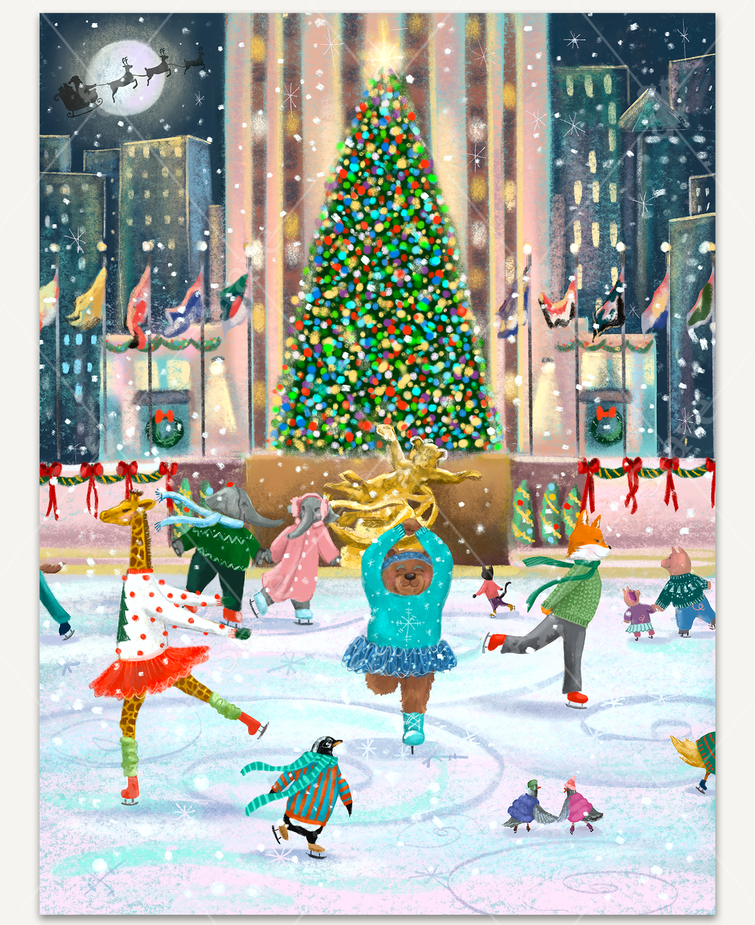 Rockefeller Skate Party wooden jigsaw puzzle showcases a group of animals dressed in their winter clothing as they skate around the ice rink at Rockefeller Center. A bear twirls in the center of the ice as other animals skate around it. In the background, a bright christmas tree lights up the space and city buildings stretch upwards to the sky.