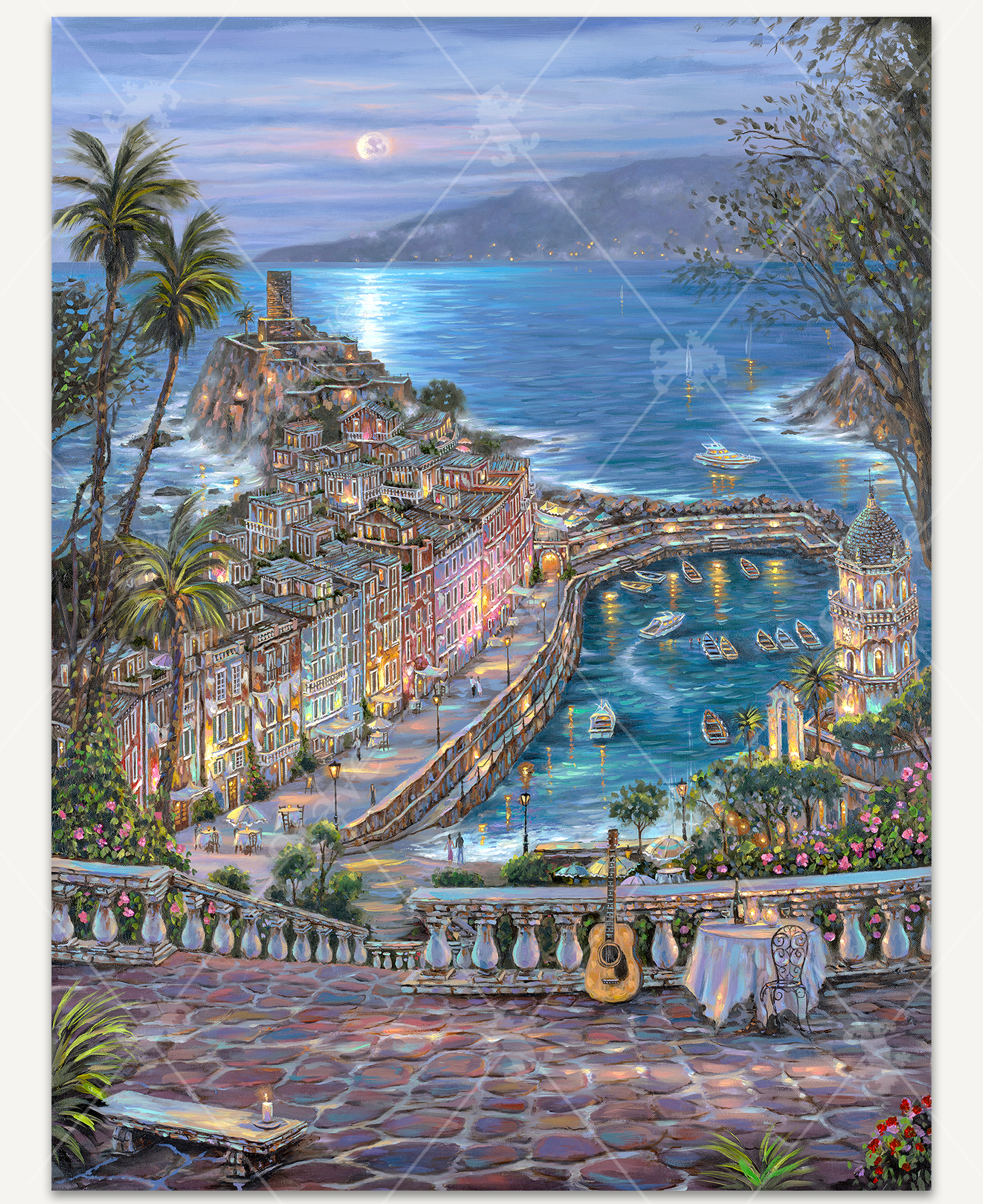 Table With A View wooden jigsaw puzzle shows an evening scene of a candle lite table and guitar on a cobblestone pathway that overlooks the coast. Down below, buildings fill the peninsula and boats are parked in the marina. The moon shines from behind clouds, reflecting off the water.
