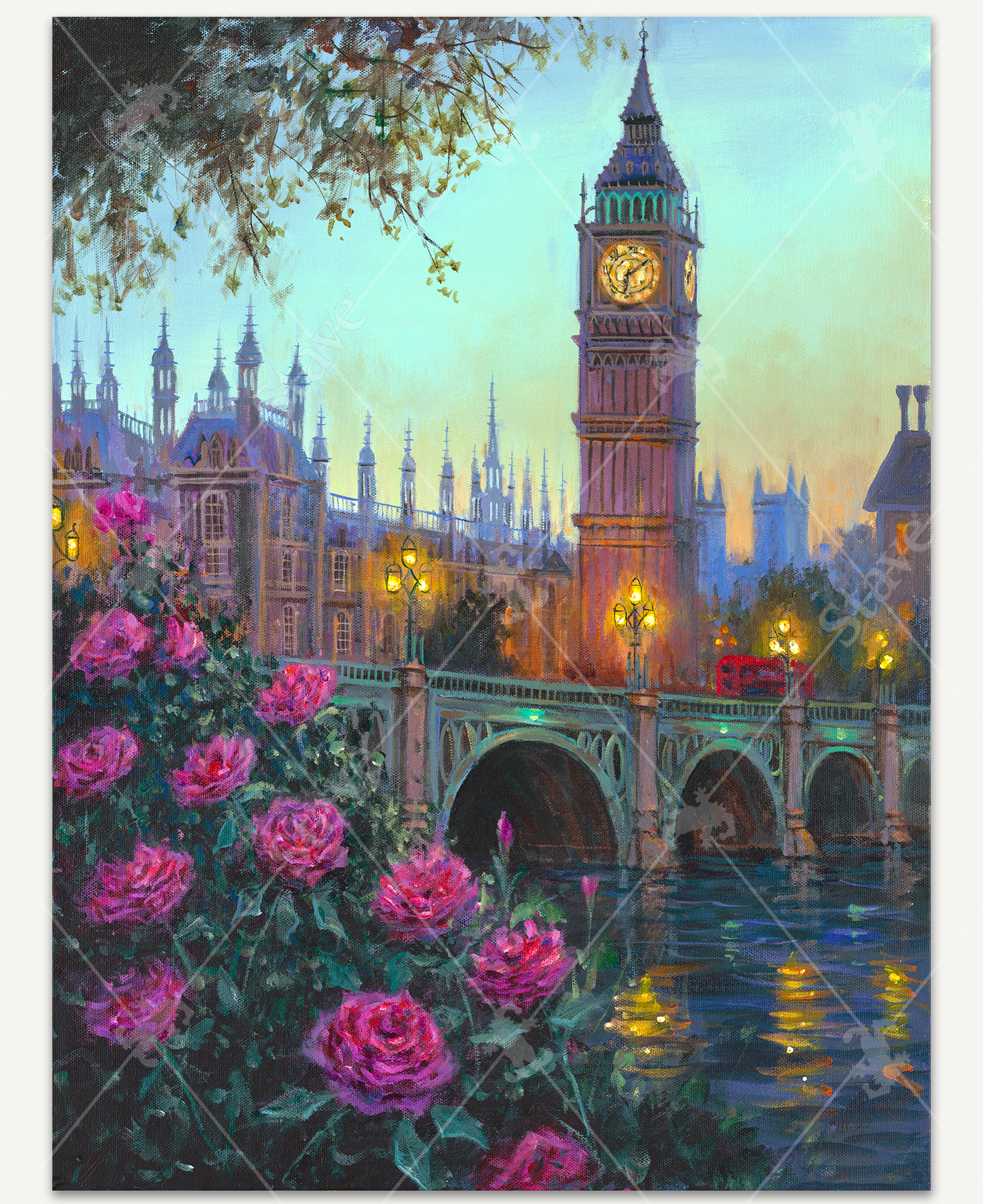 Greatest Of All Time wooden jigsaw puzzle displays Big Ben, a well-known landmark in London, England. The clock and street lights glow brightly in this evening scene as the sun sets behind the buildings. A green bridge stretches across the scene with a red double-decker bus driving by the architecture. A pink rose bush blooms by the river.