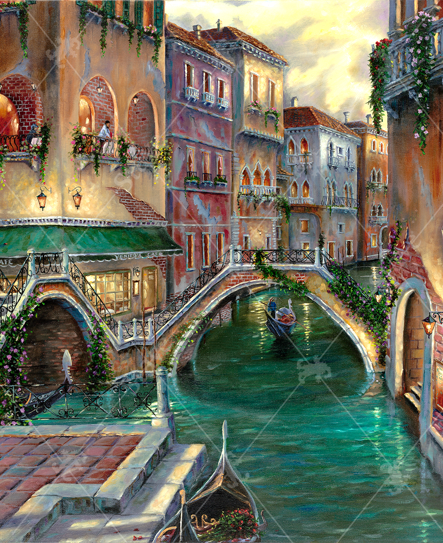 Close-up of Venice Romance wooden jigsaw puzzle bringing you through the waterways of Italy, where a couple are enjoying a gondola ride. Flowers and vines hang from the windowsills of all the buildings as they sit on each side of the water, and bridges cross over the canal to a cobblestone platform that has another gondola waiting with flowers. A large picture window by the water shows people having a romantic dinner inside a restaurant.